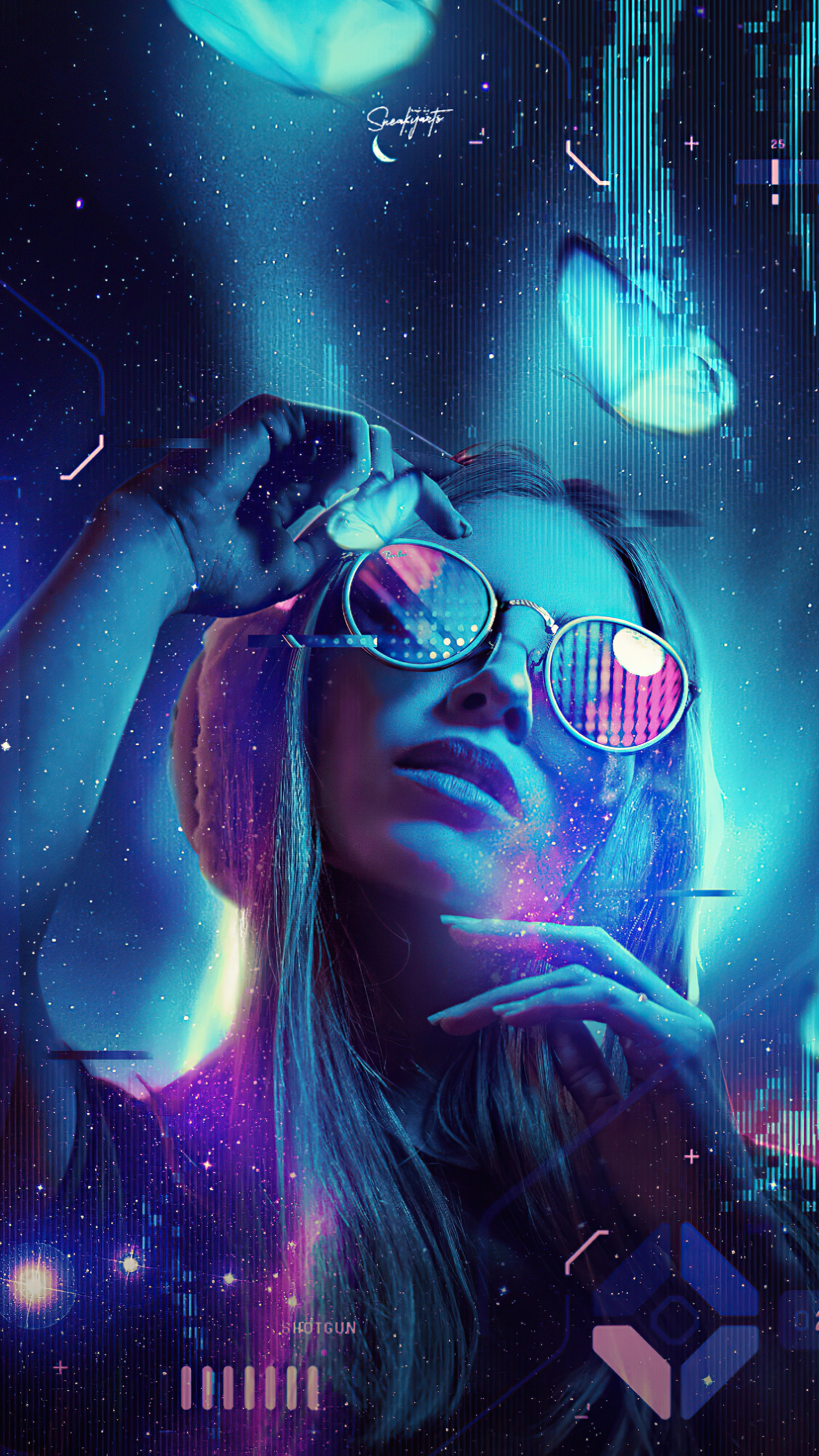 Woman with glasses in neon digital art HD Phone Wallpaper
