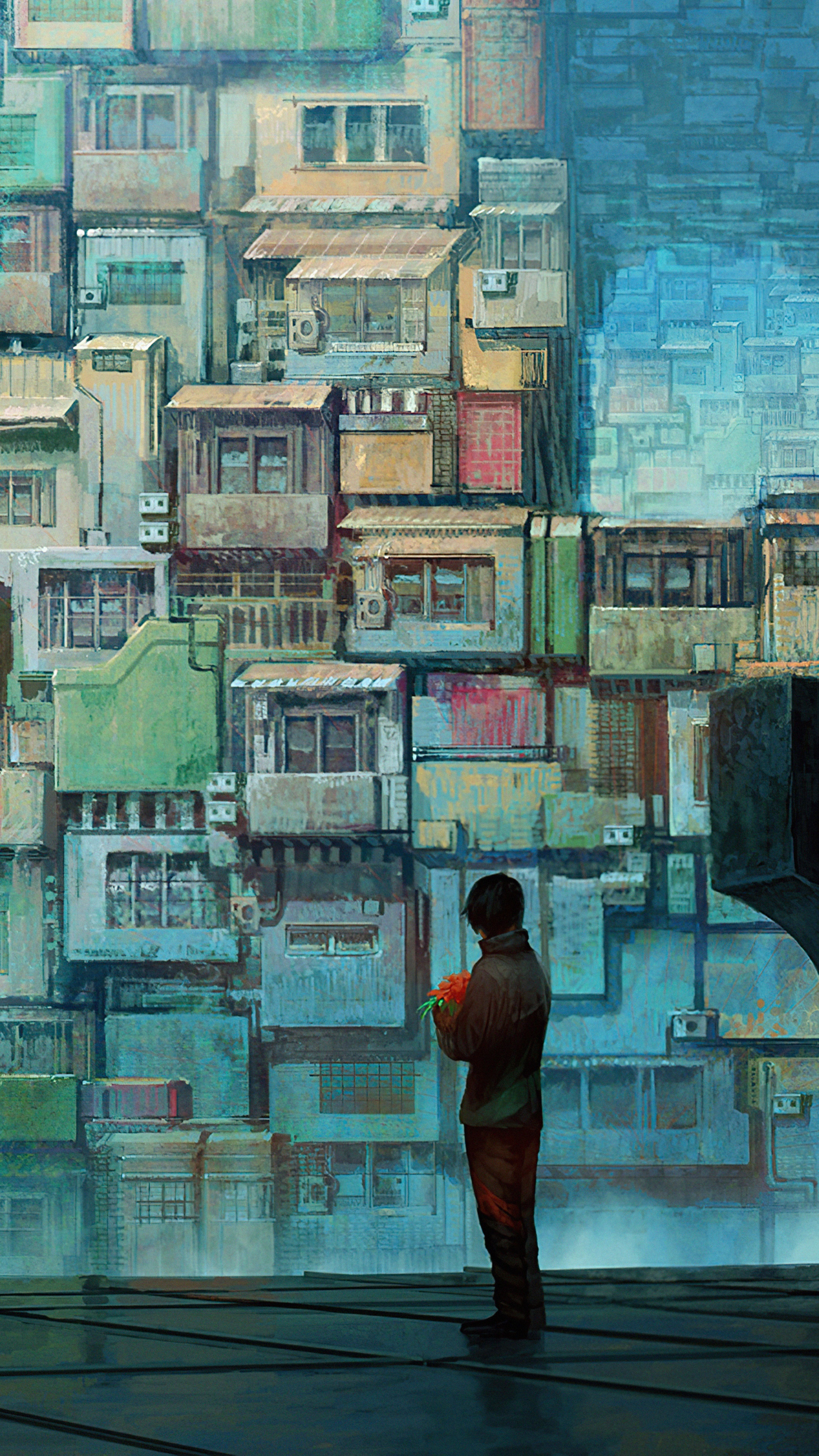 A person holding flowers in a dense urban environment HD Phone Wallpaper