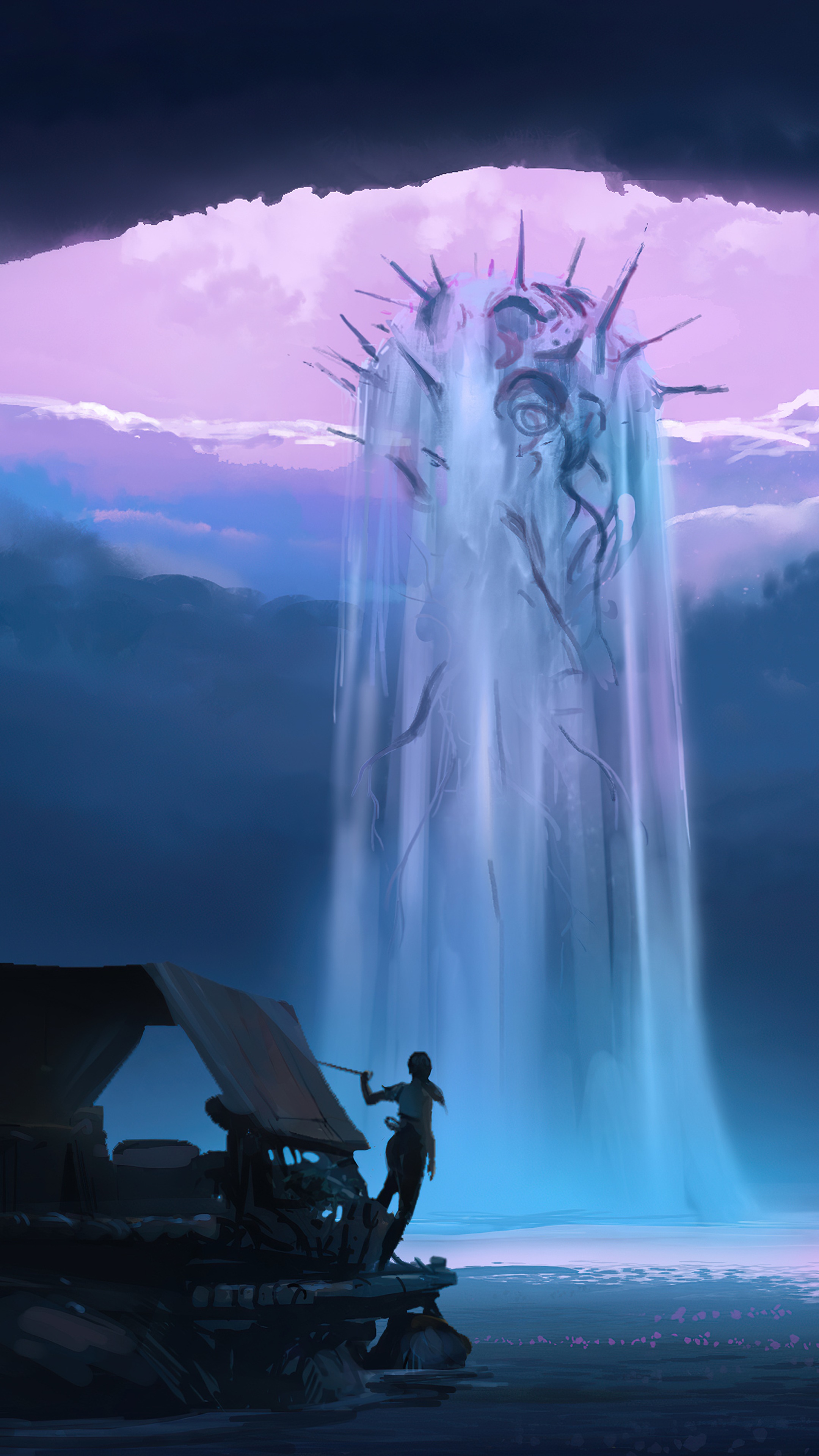 A figure stands on a platform near a strange waterfall. HD Phone Wallpaper