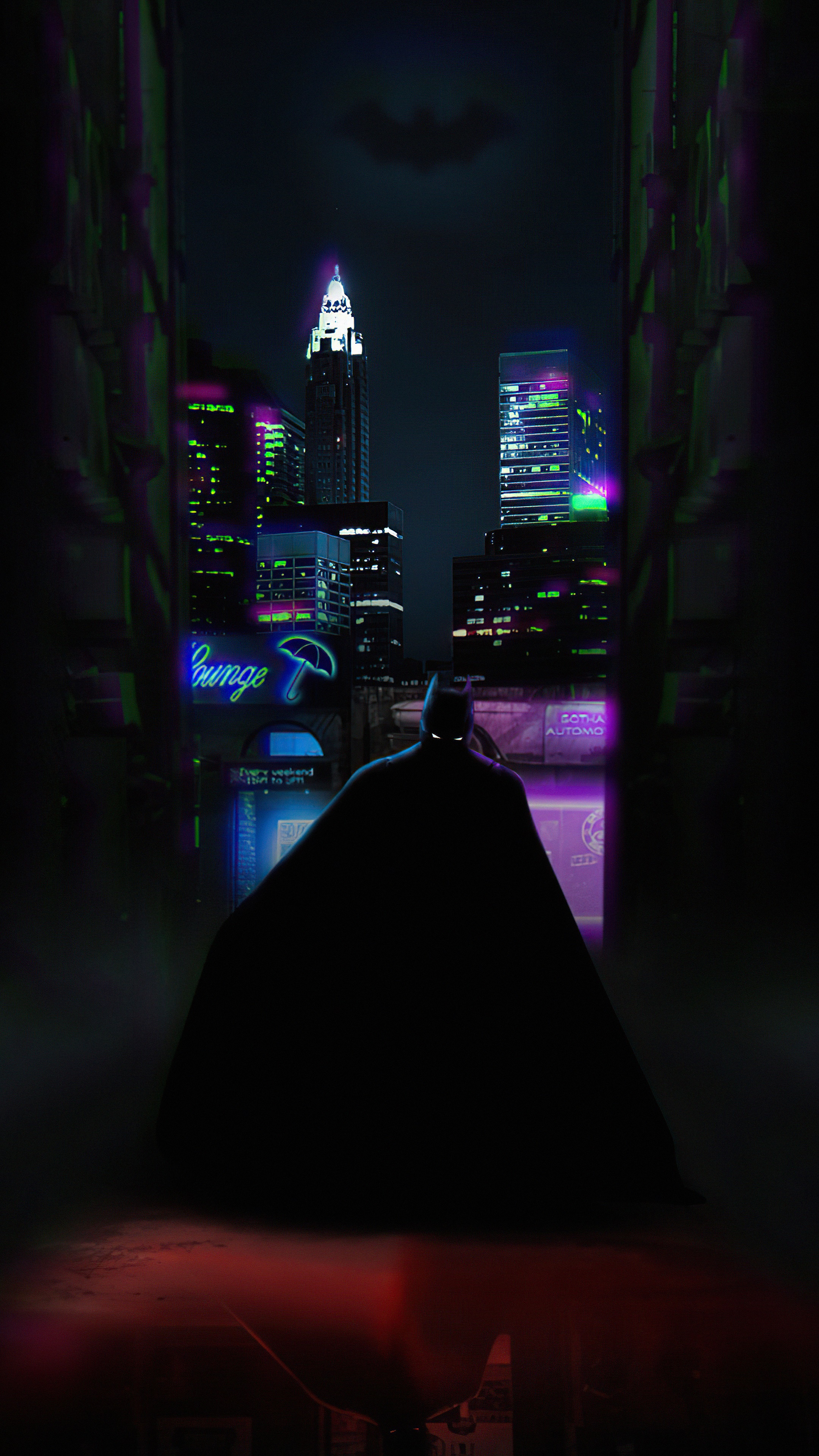 Batman in a neon-lit city at night HD Phone Wallpaper