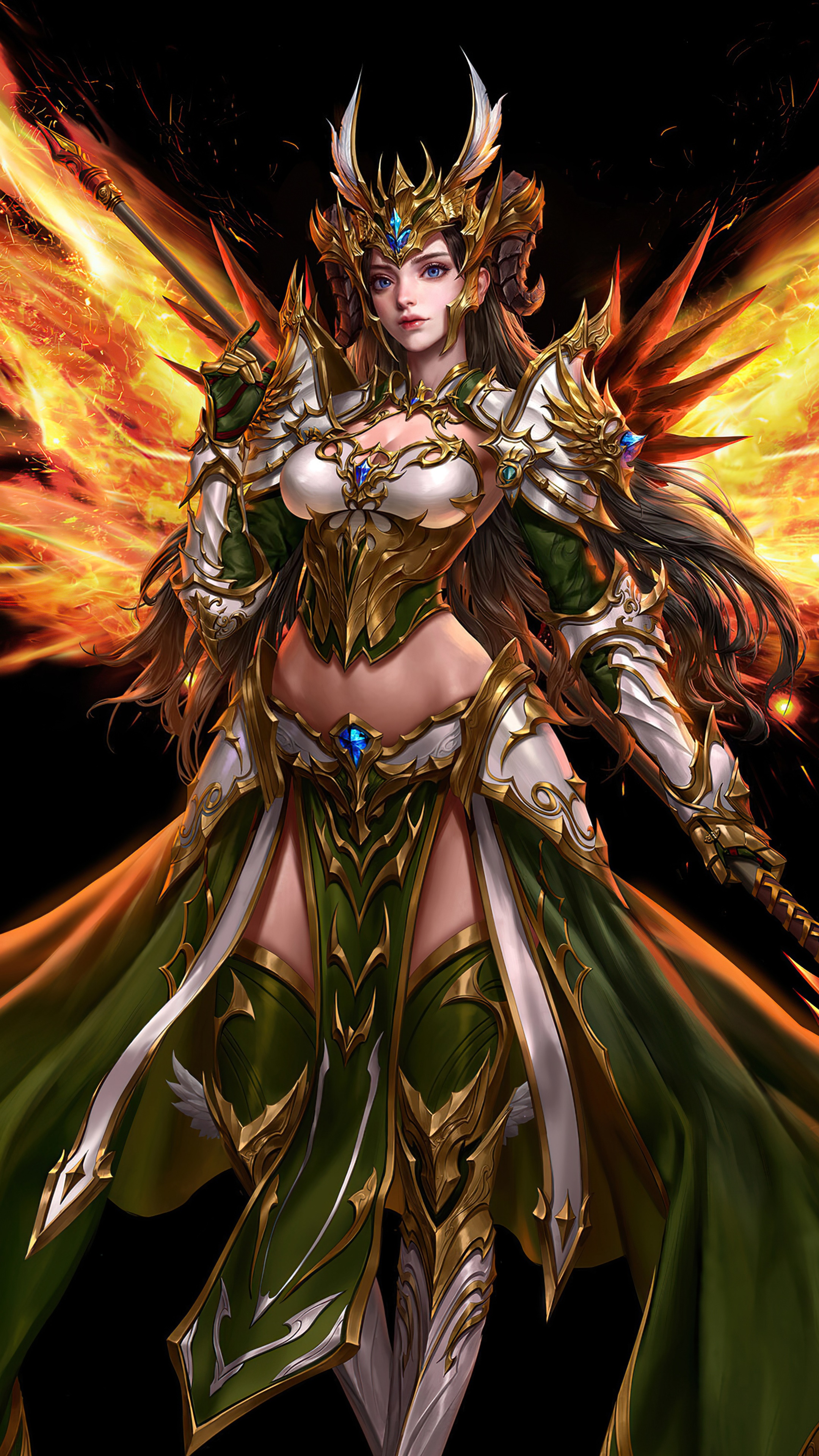 Fantasy warrior woman with fiery wings HD Phone Wallpaper
