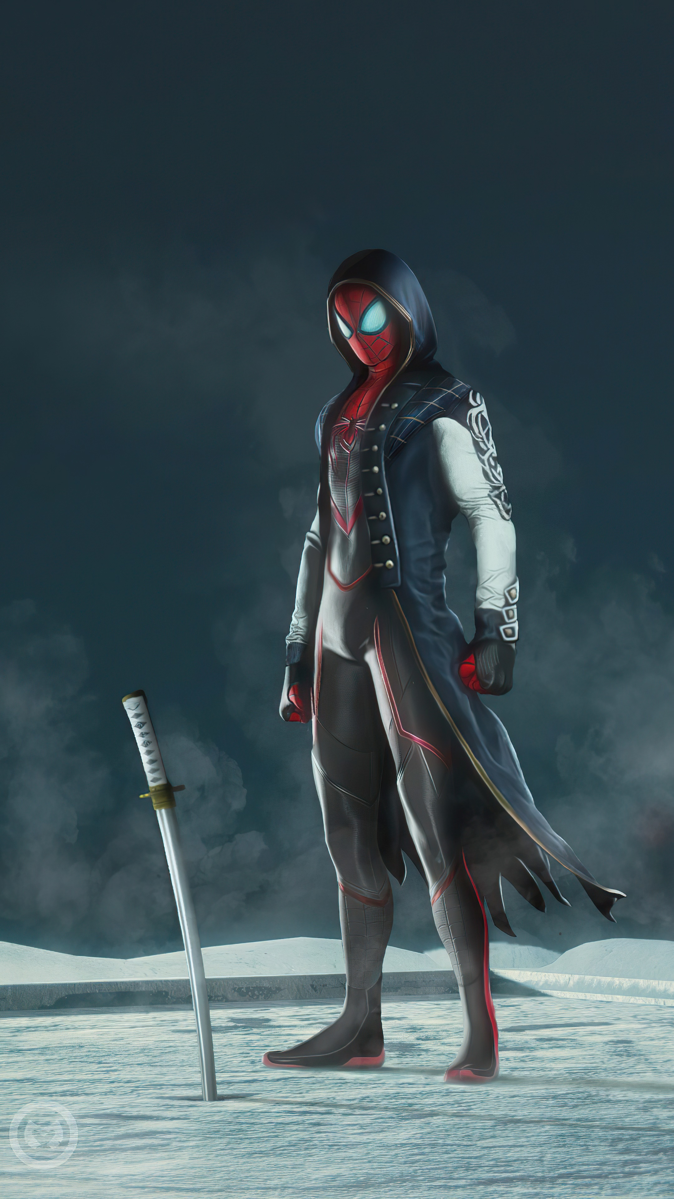 Spider-Man with a sword in a snowy landscape HD Phone Wallpaper