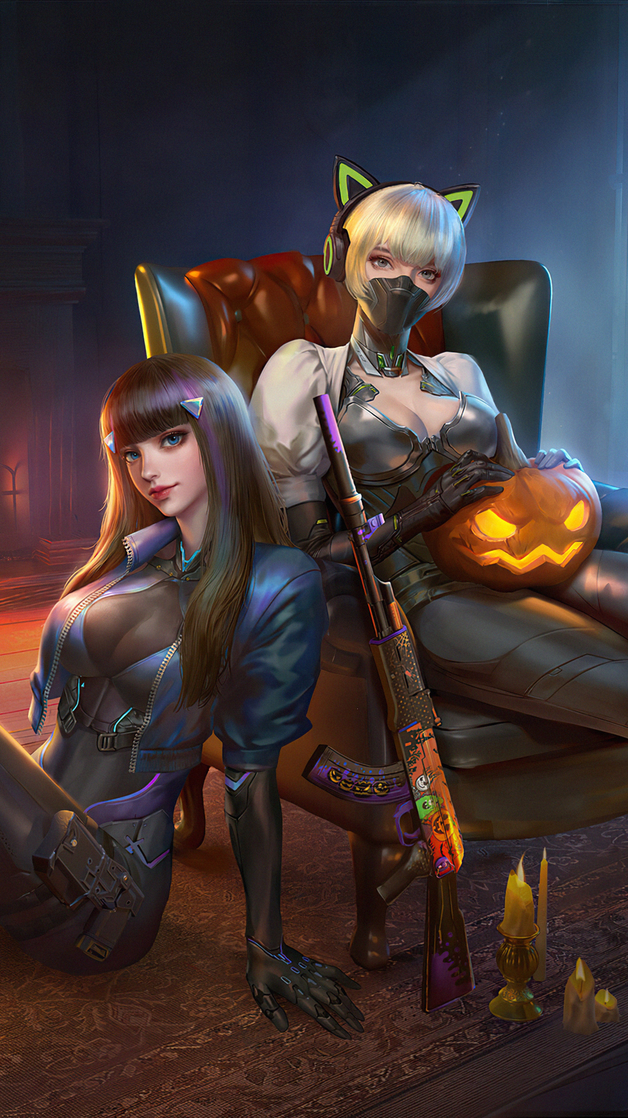 Two women with a rifle and a pumpkin HD Phone Wallpaper