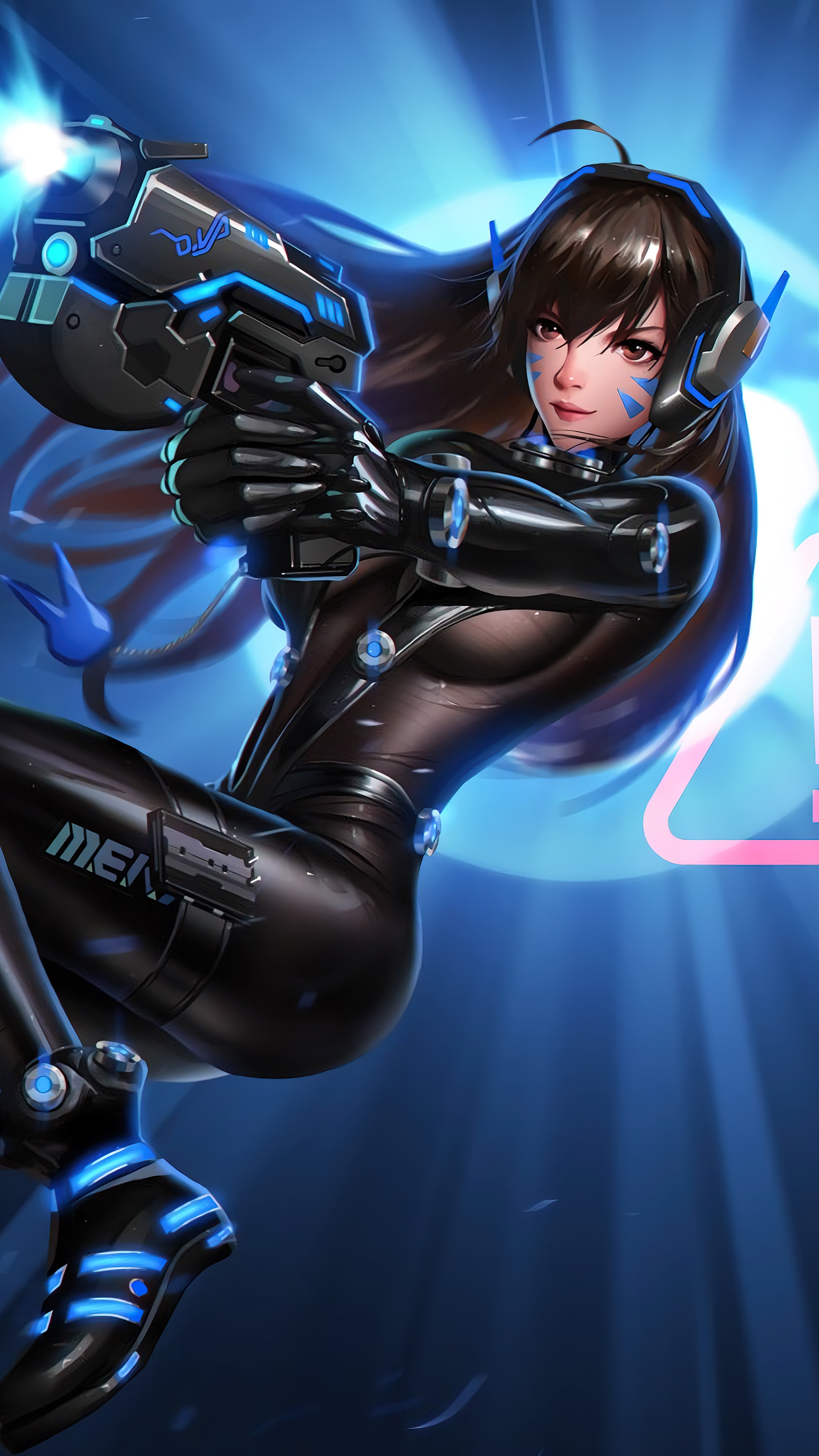 D.Va from Overwatch in a black suit with a gun HD Phone Wallpaper