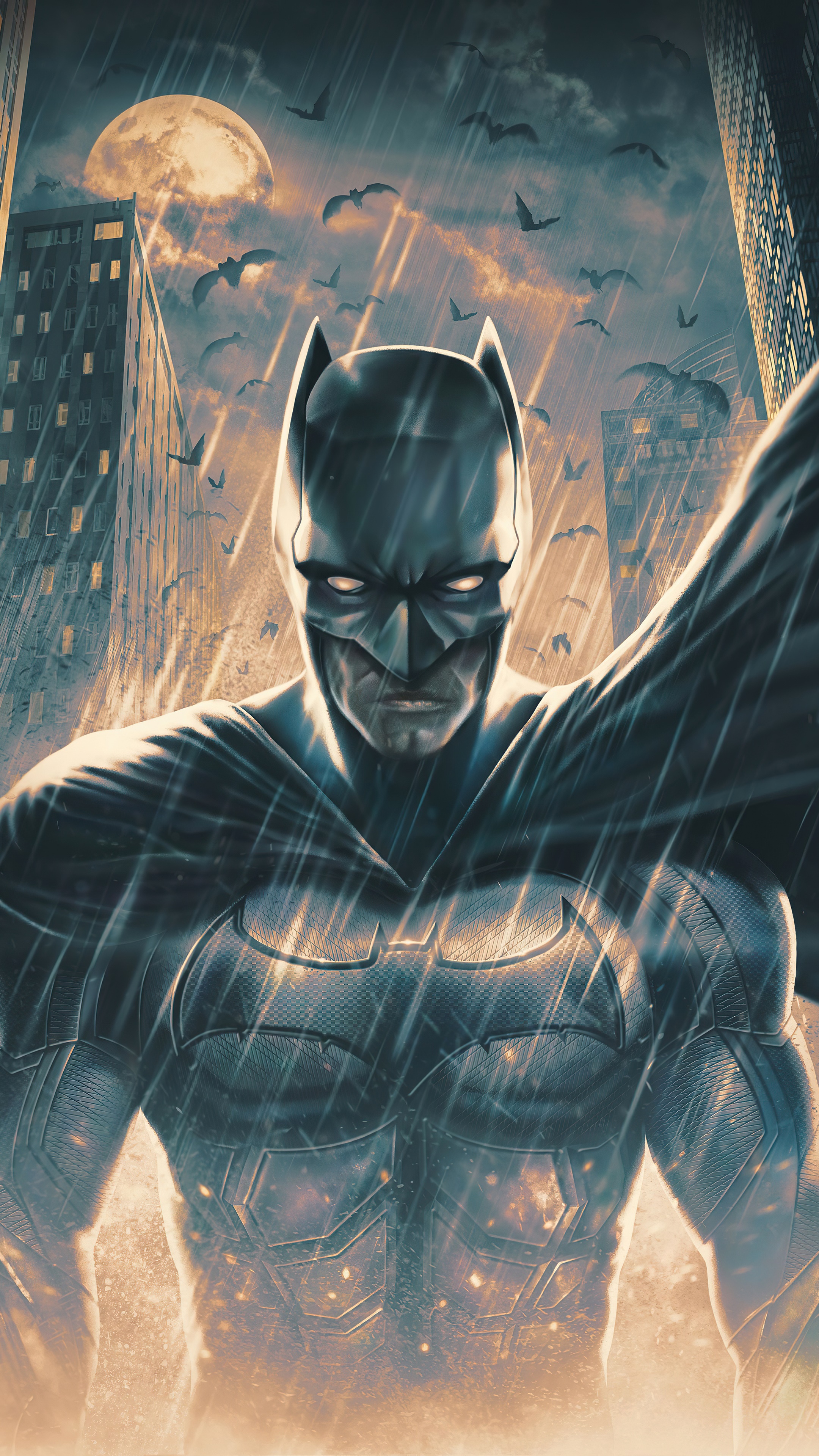 Batman in a rainy city with bats and moon HD Phone Wallpaper