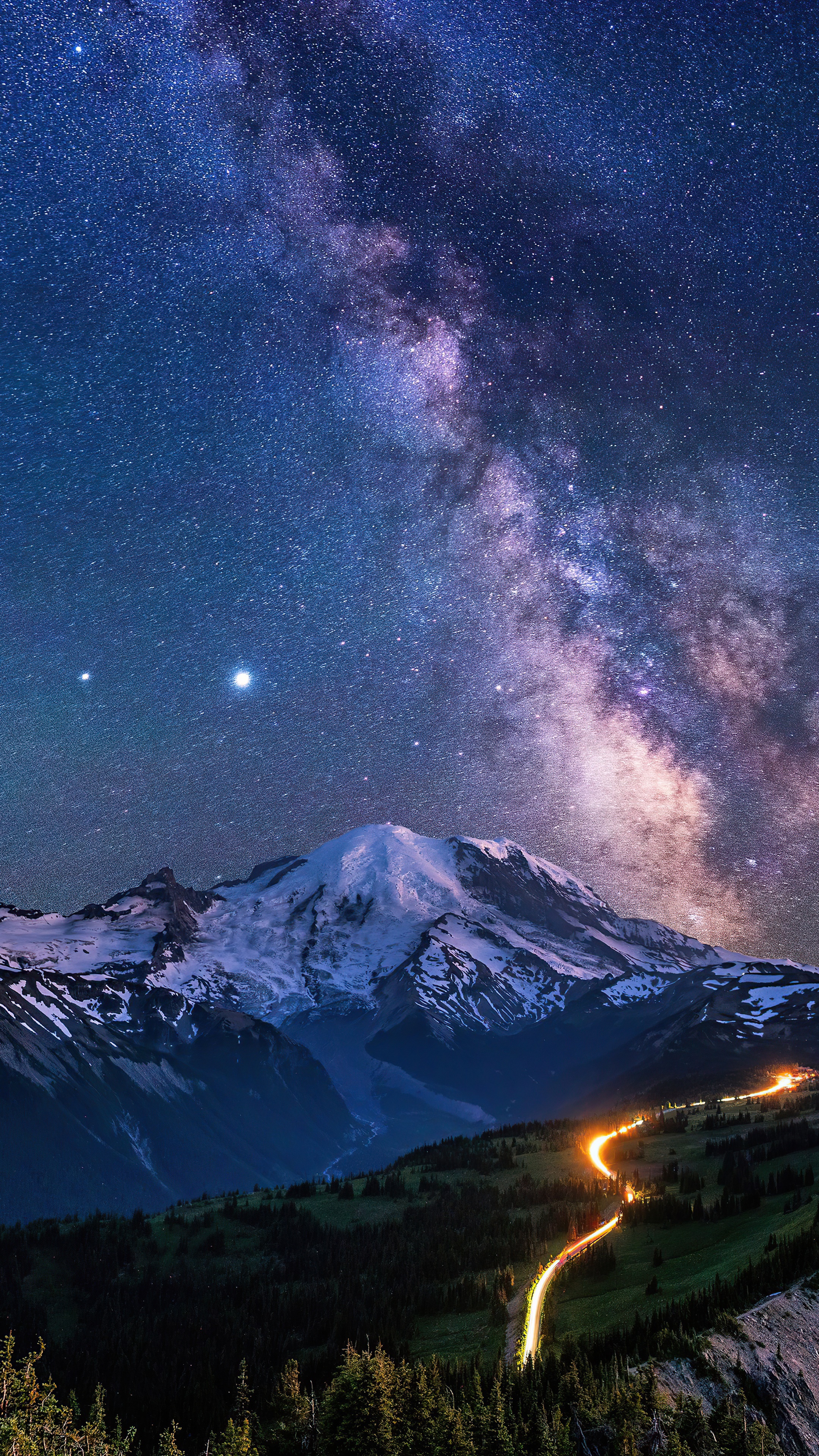 Milky Way over snow-capped mountains and road HD Phone Wallpaper