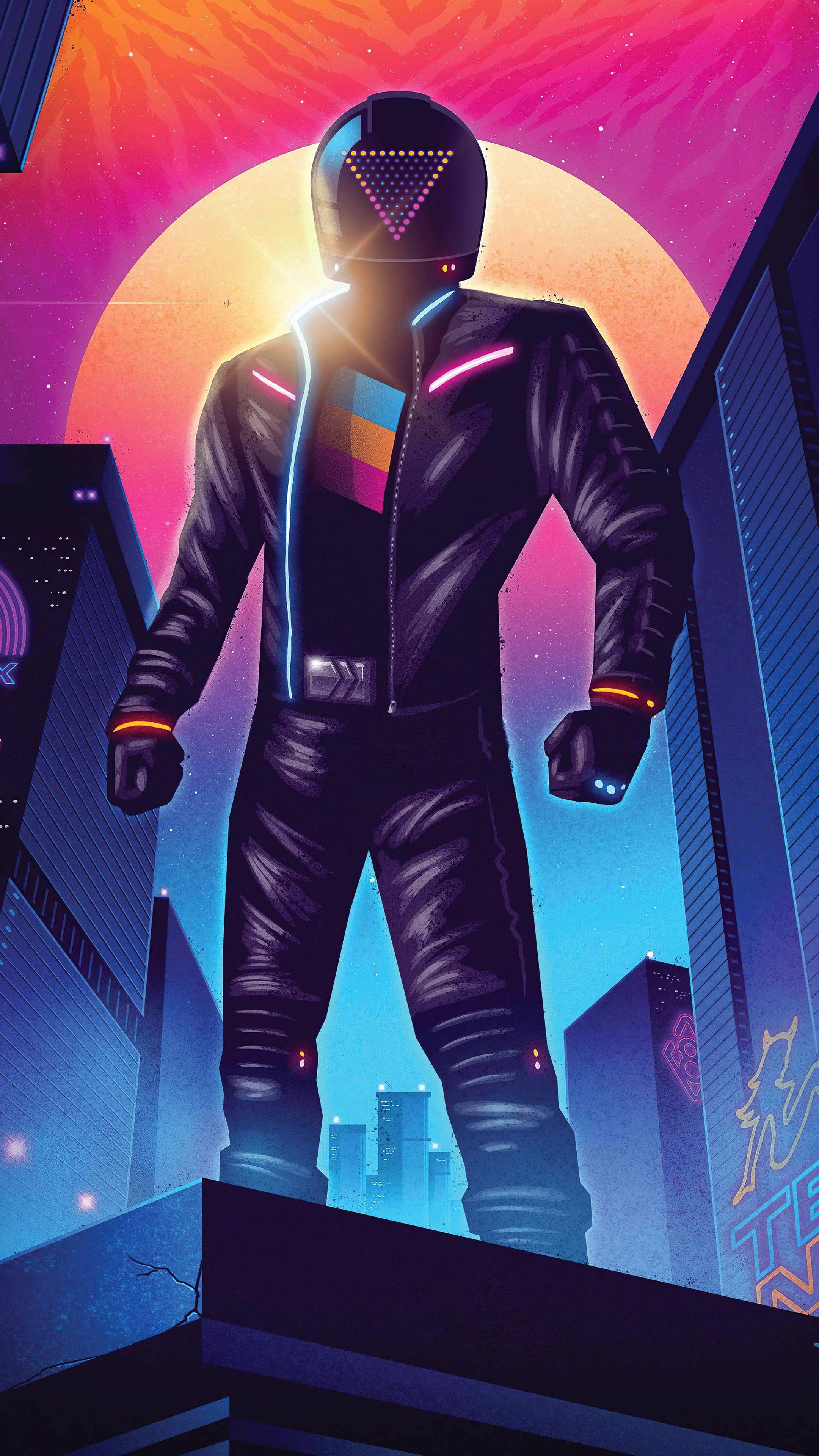 Biker in a retro-futuristic city at sunset HD Phone Wallpaper