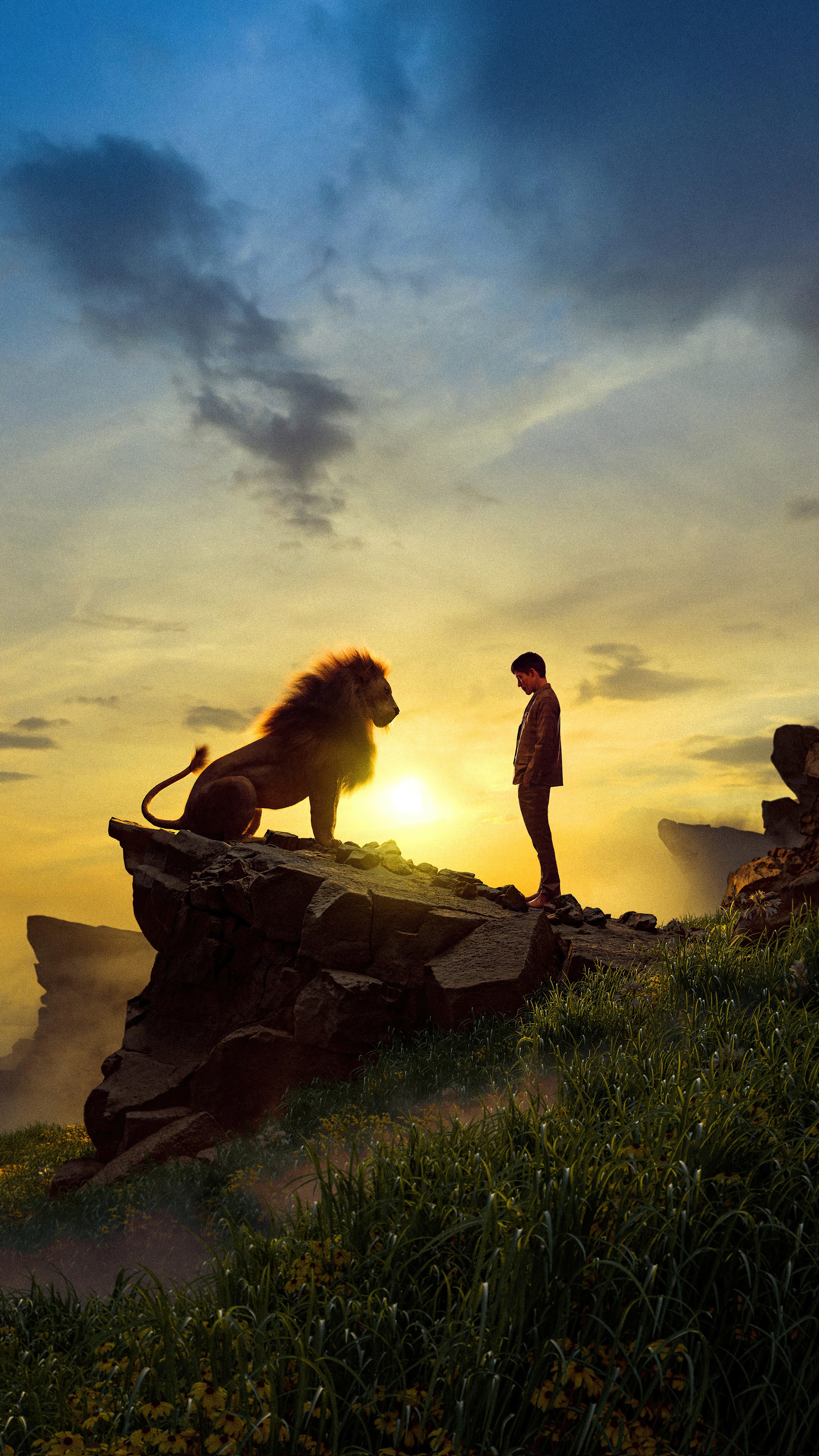 Lion and boy on cliff at sunset HD Phone Wallpaper