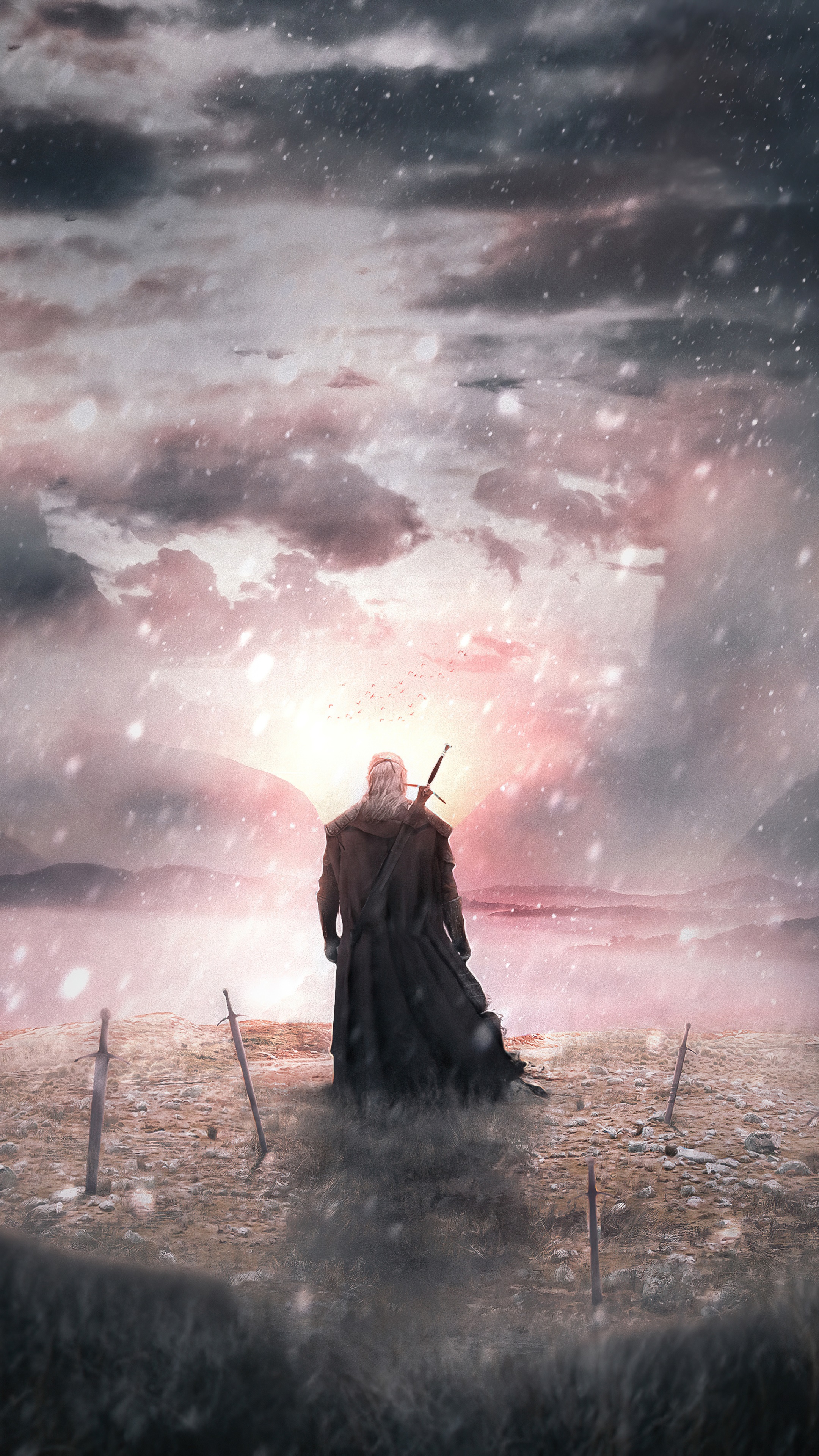 Geralt of Rivia from The Witcher in a snowy landscape HD Phone Wallpaper