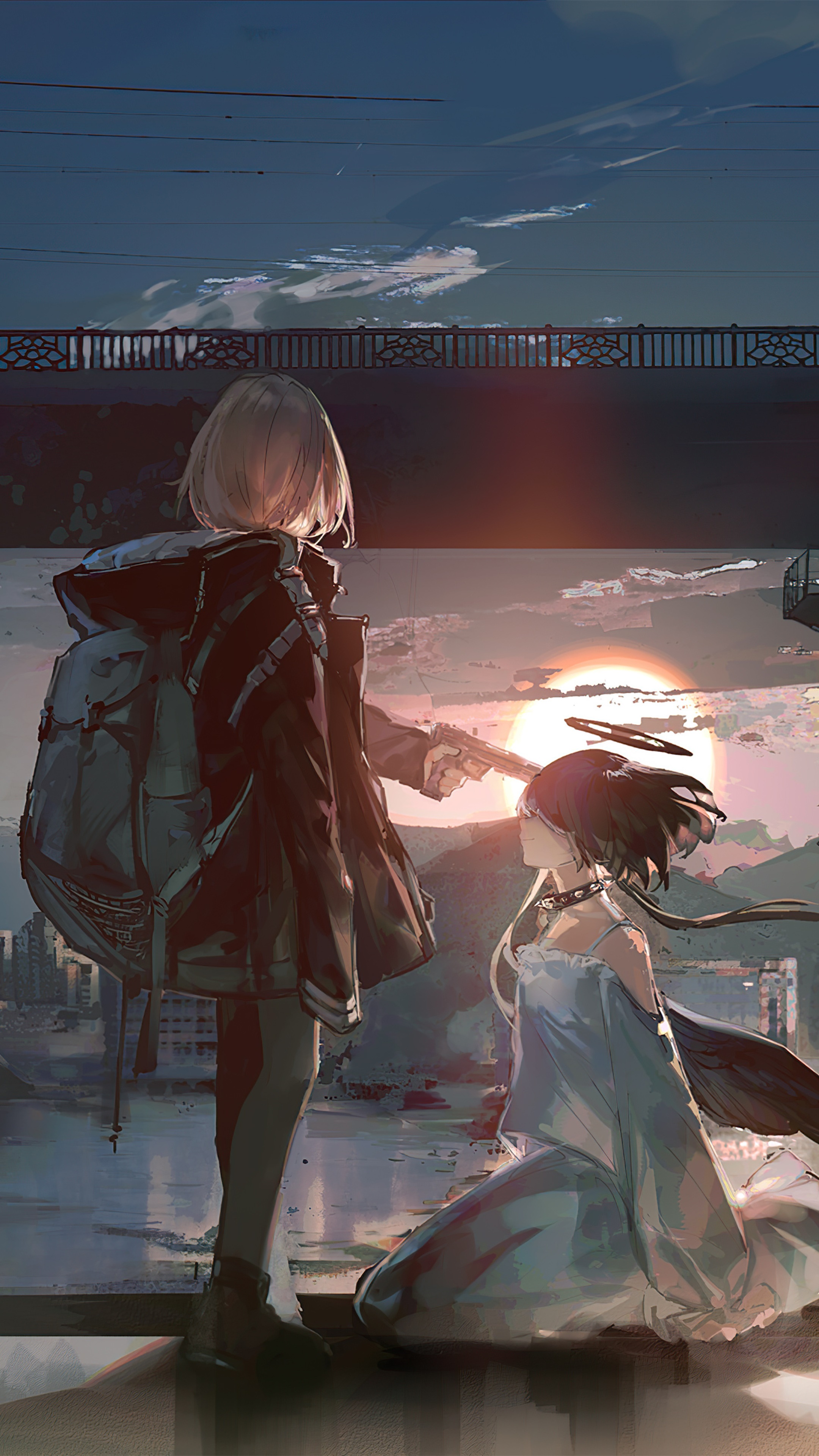 Anime girl with gun pointing at another girl with halo HD Phone Wallpaper