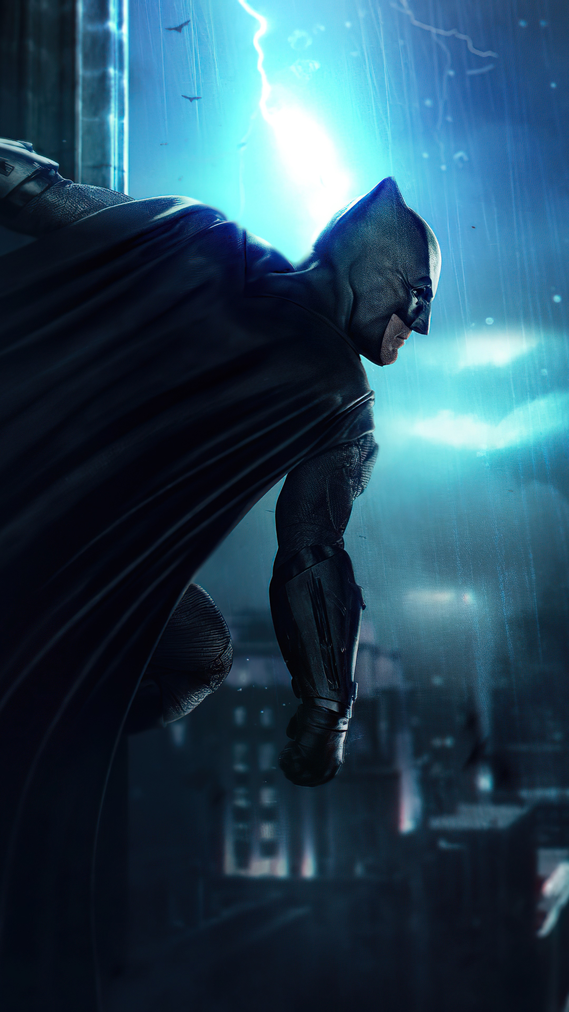 Batman in a stormy city at night HD Phone Wallpaper