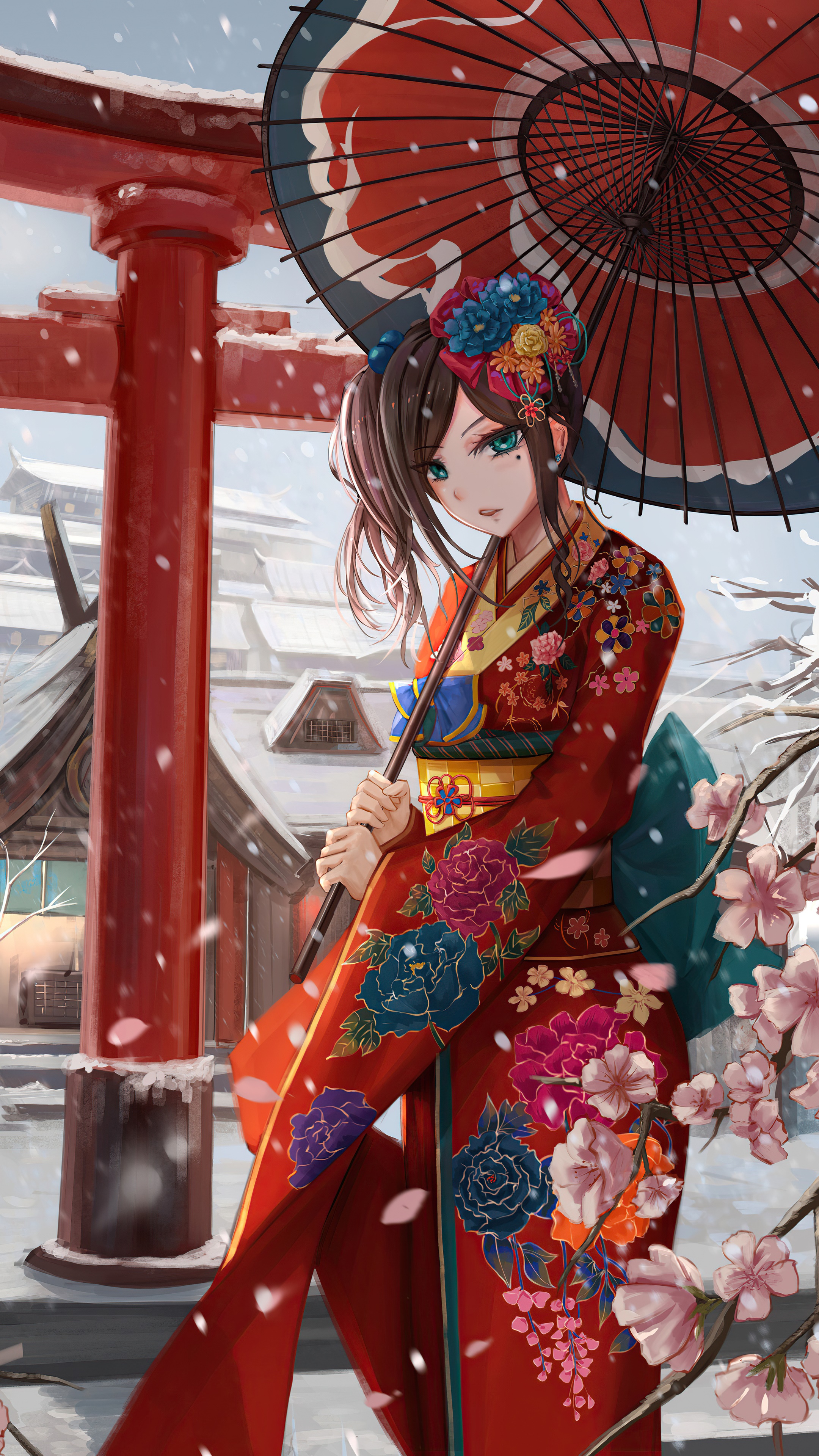 Anime girl in kimono with umbrella in snow HD Phone Wallpaper