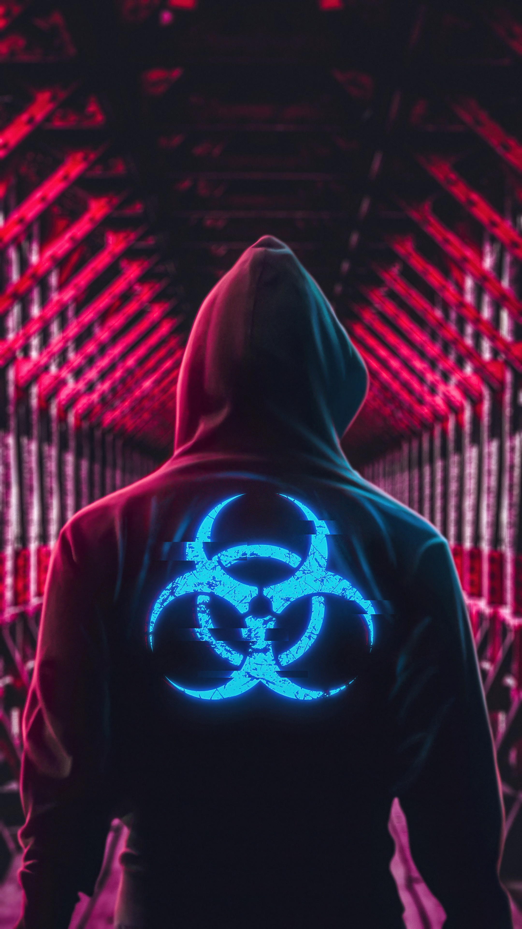 Person in hoodie with biohazard symbol HD Phone Wallpaper