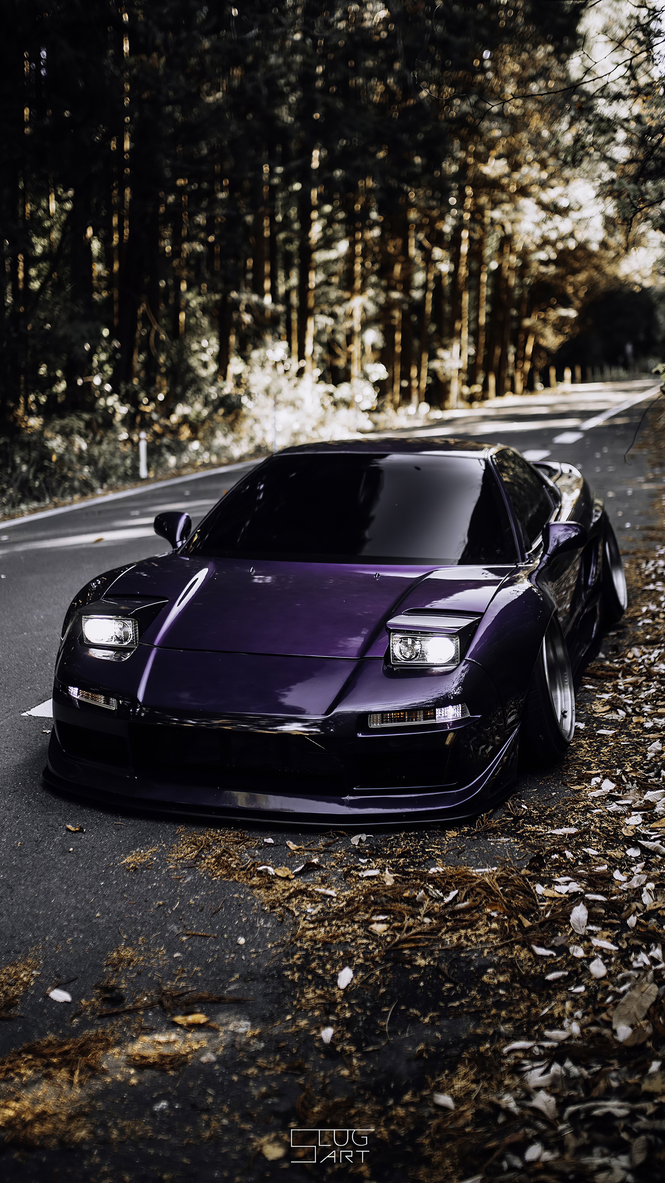 Purple Acura NSX on a Forest Road HD Phone Wallpaper