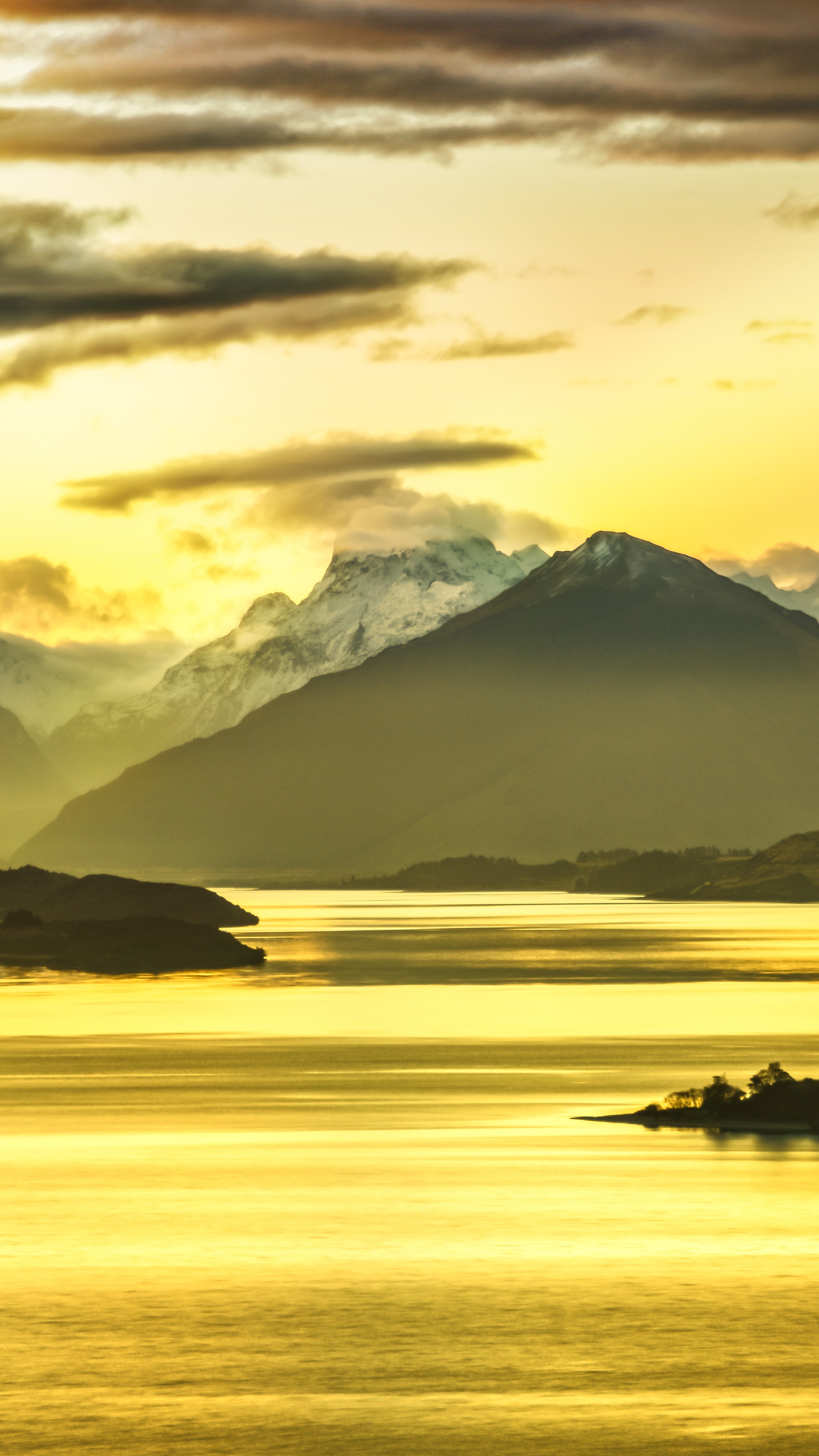 Golden sunset over mountains and lake HD Phone Wallpaper