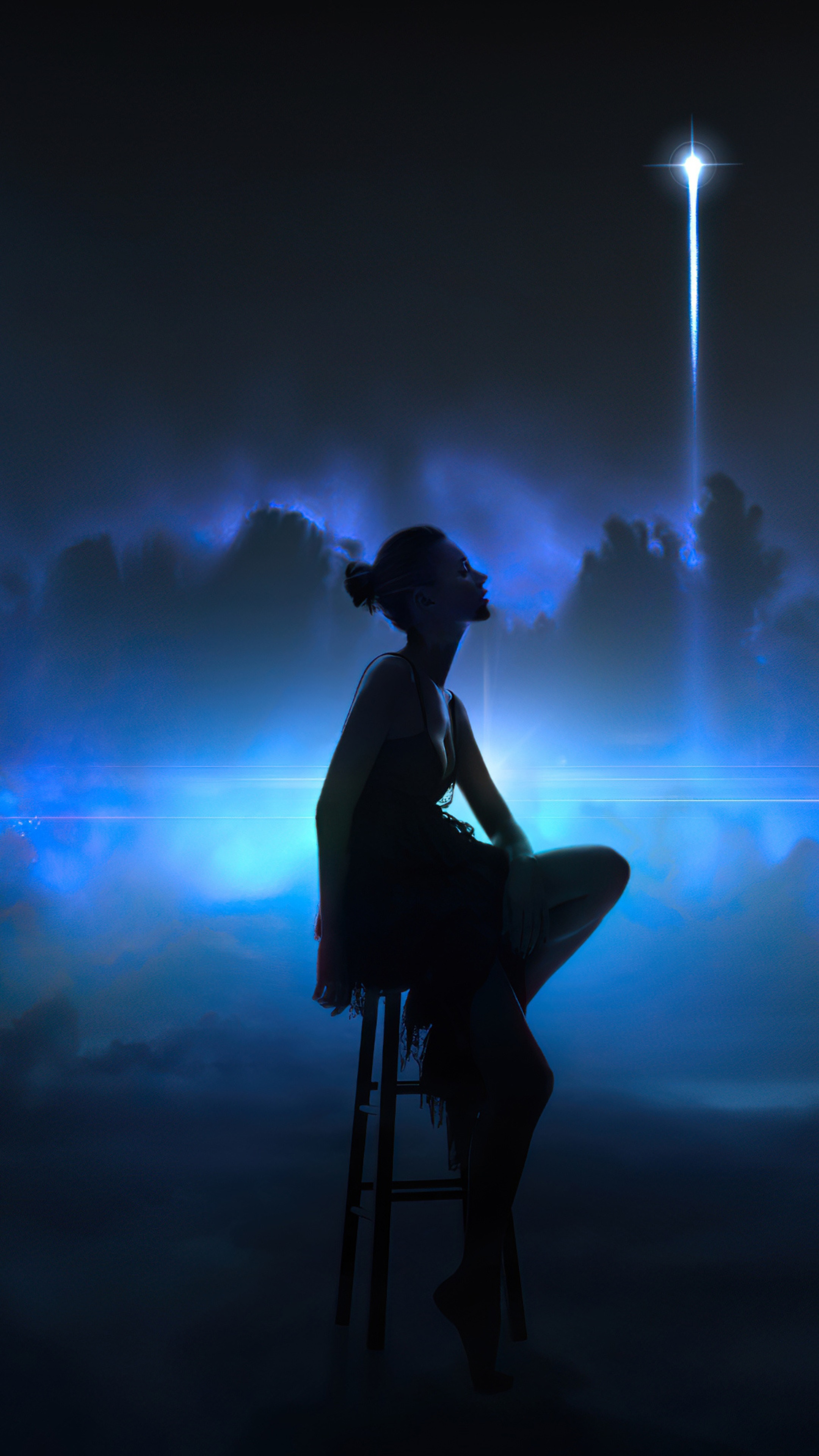 Silhouette of a woman looking at a star HD Phone Wallpaper