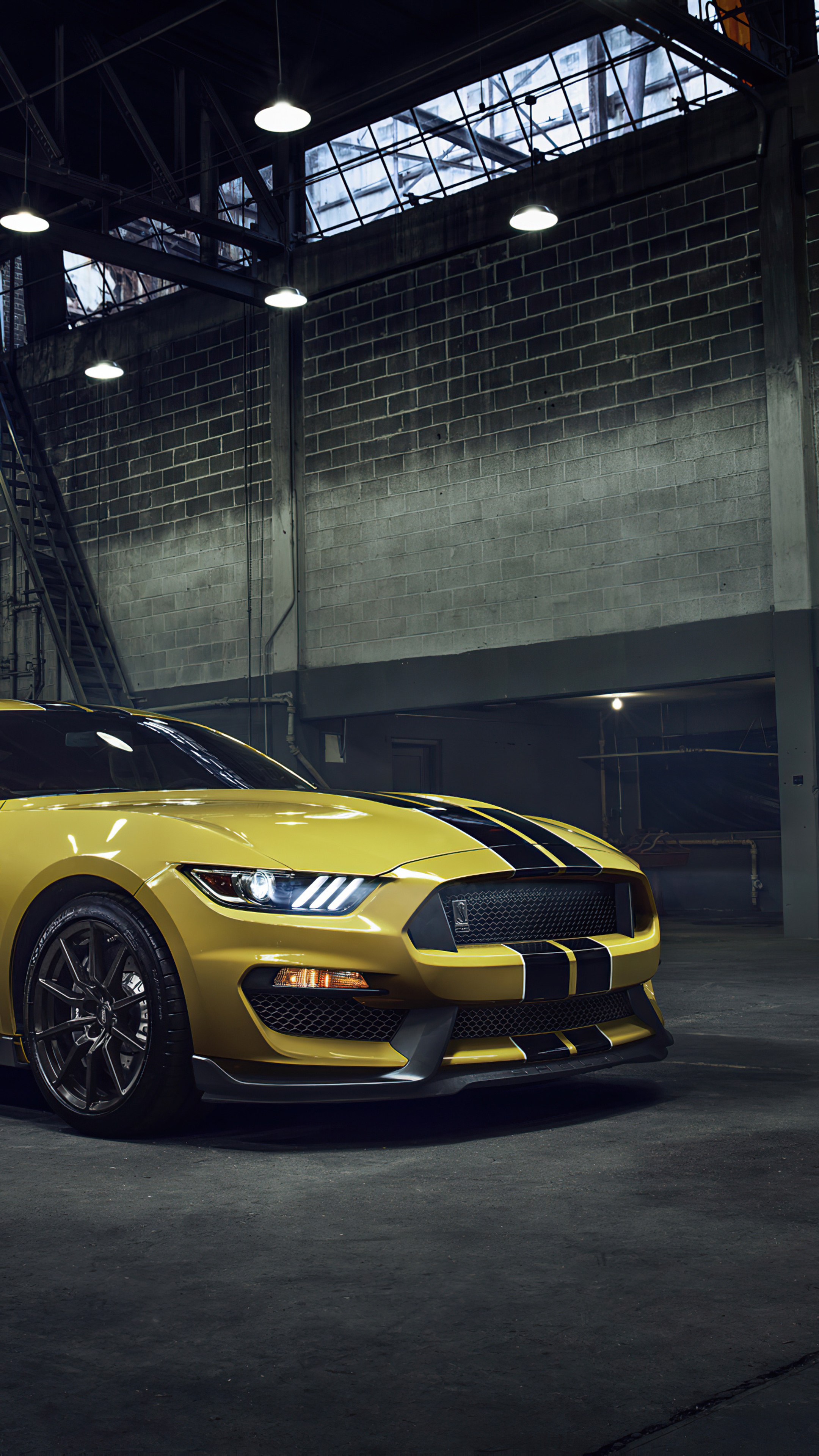 Yellow Ford Mustang GT with Black Stripes HD Phone Wallpaper