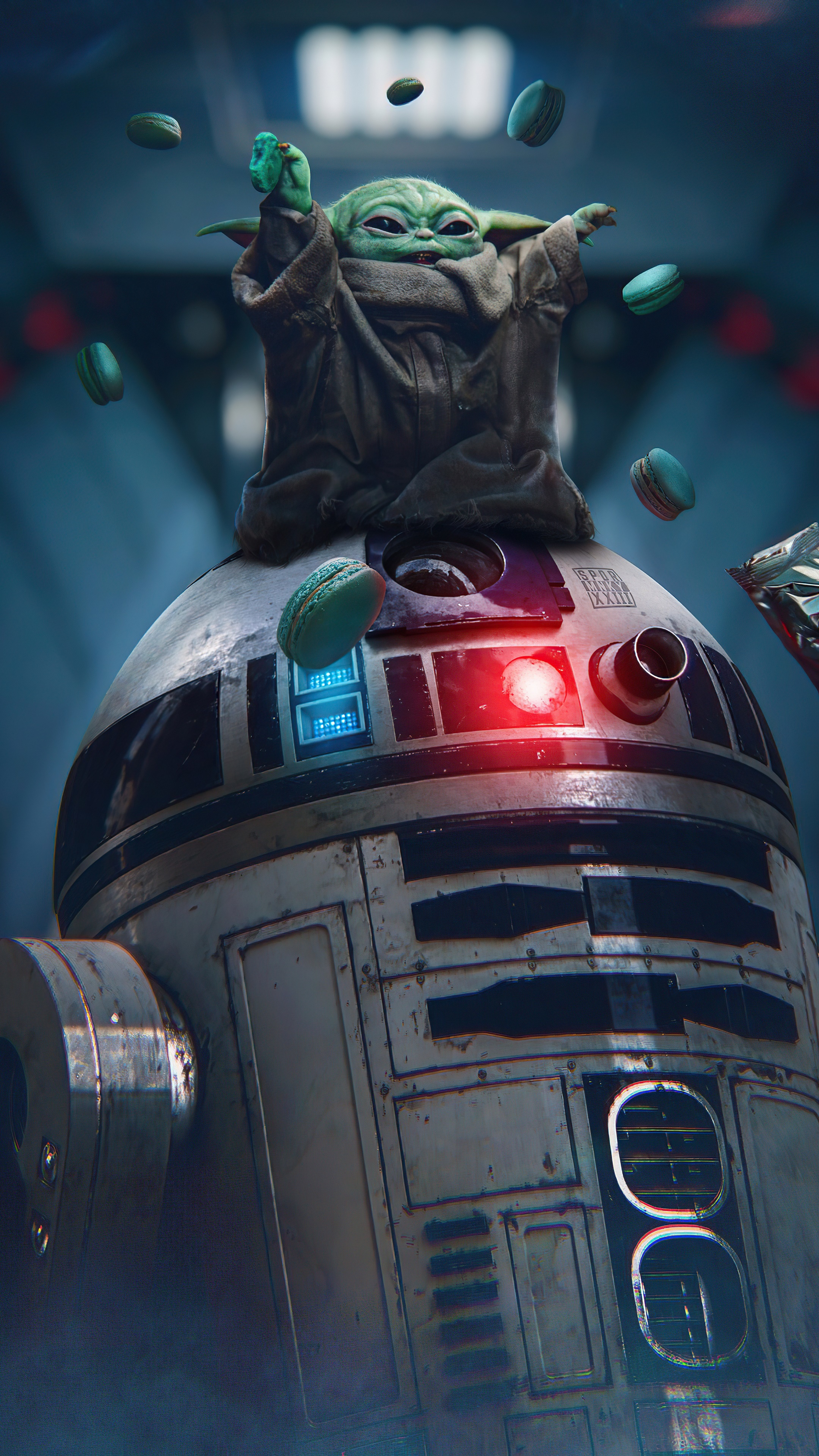Grogu and R2-D2 with macarons from The Mandalorian 4K HD Phone Wallpaper