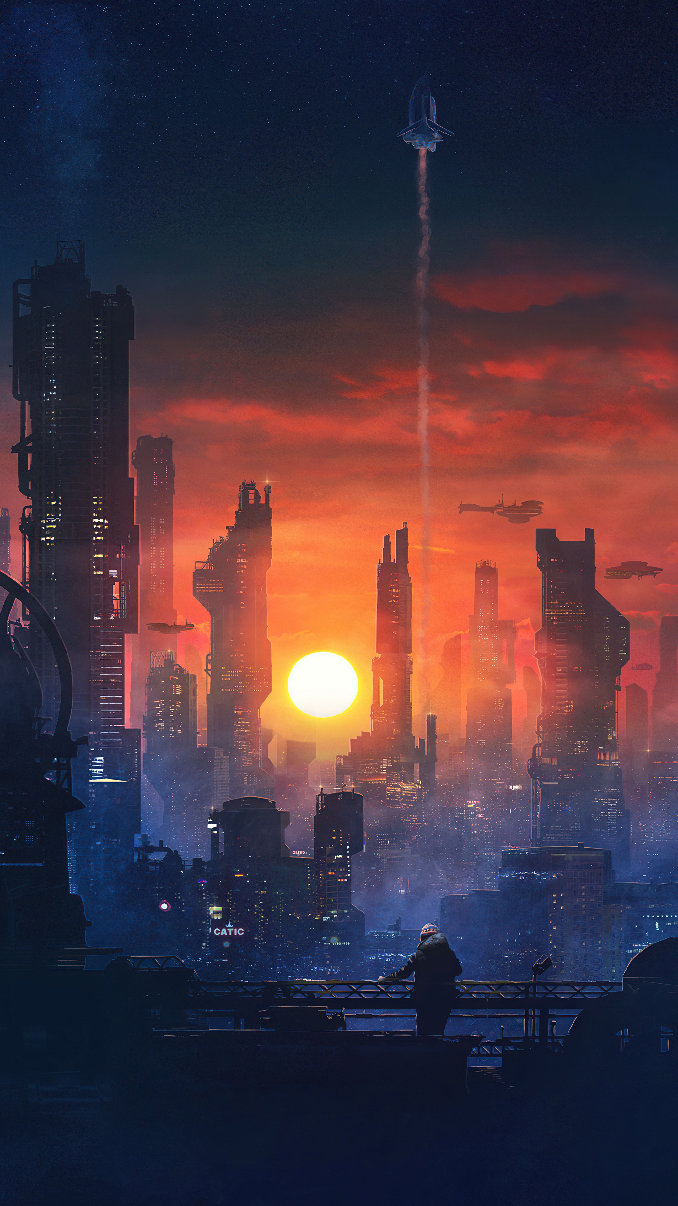 Sci-fi city skyline at sunset with a lone figure HD Phone Wallpaper