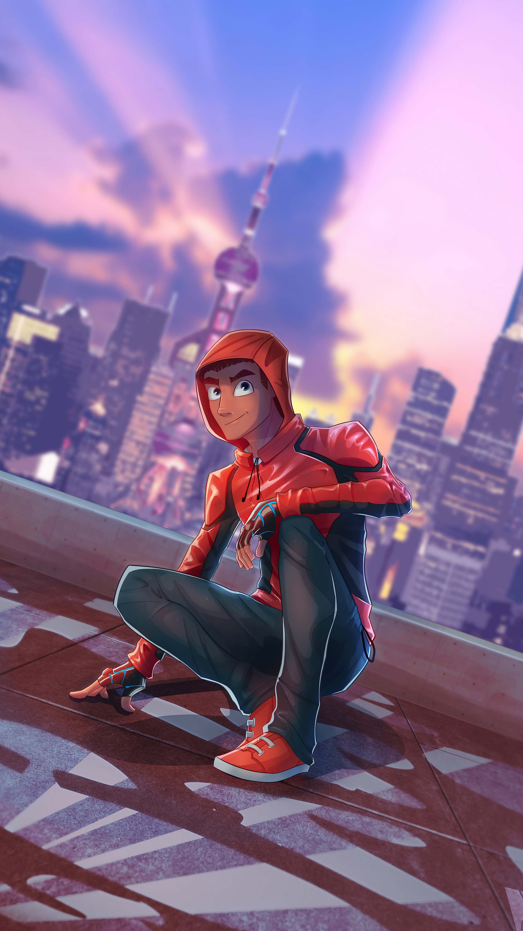 Spider-Man crouching on a rooftop at sunset HD Phone Wallpaper