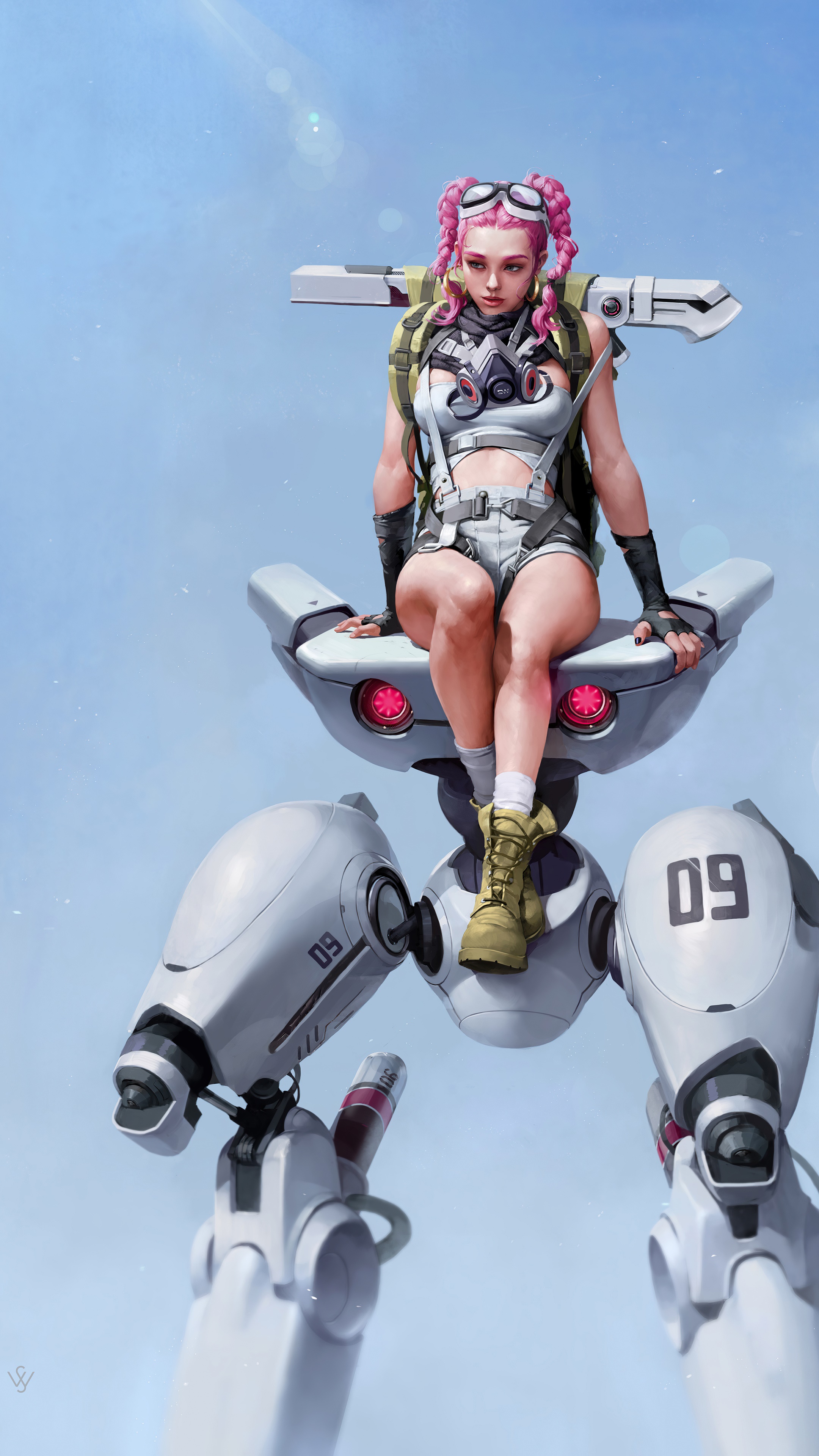Sci-fi artwork of a woman with pink hair on a robot HD Phone Wallpaper