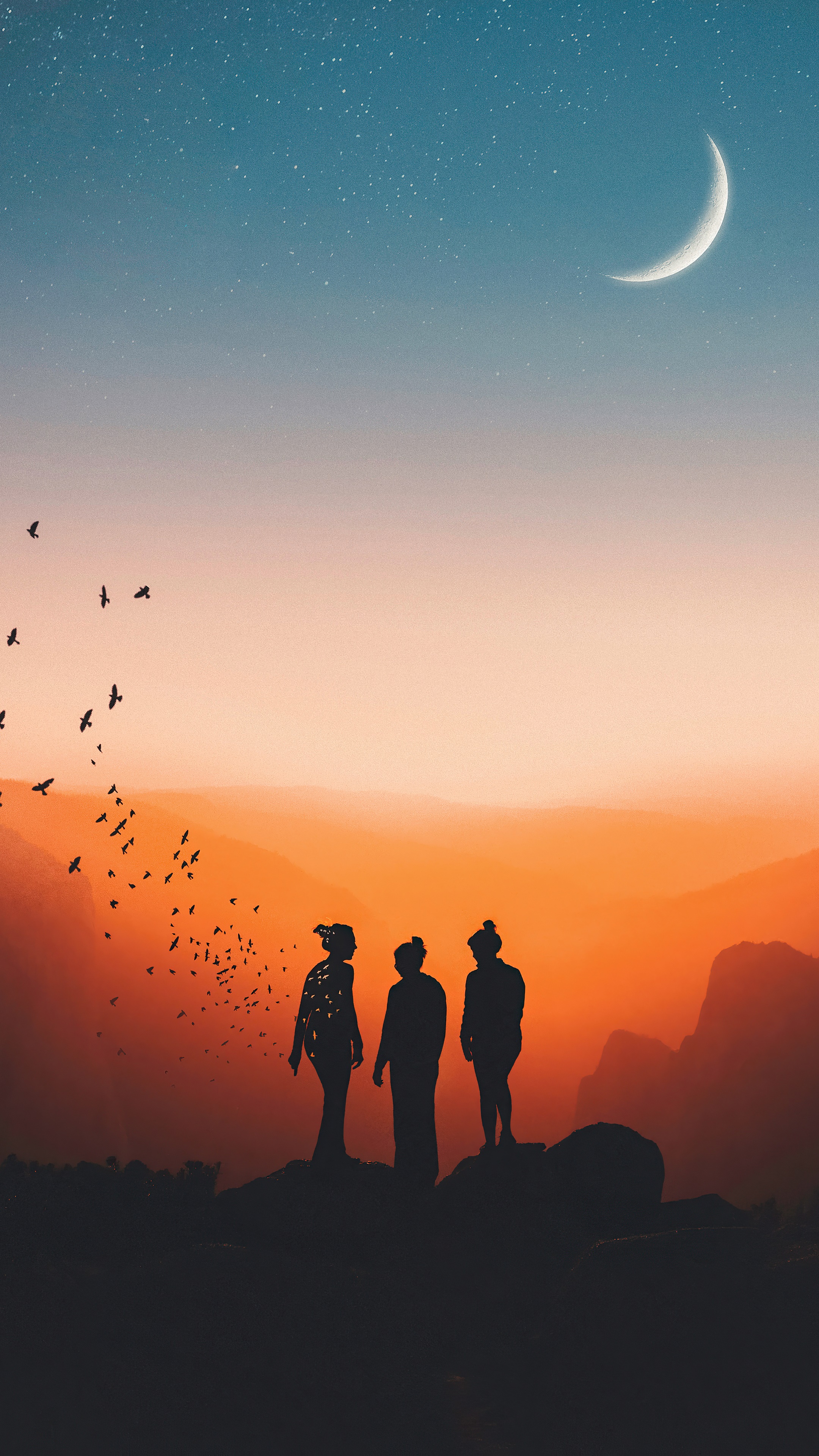 Artwork of three figures and birds at sunset HD Phone Wallpaper