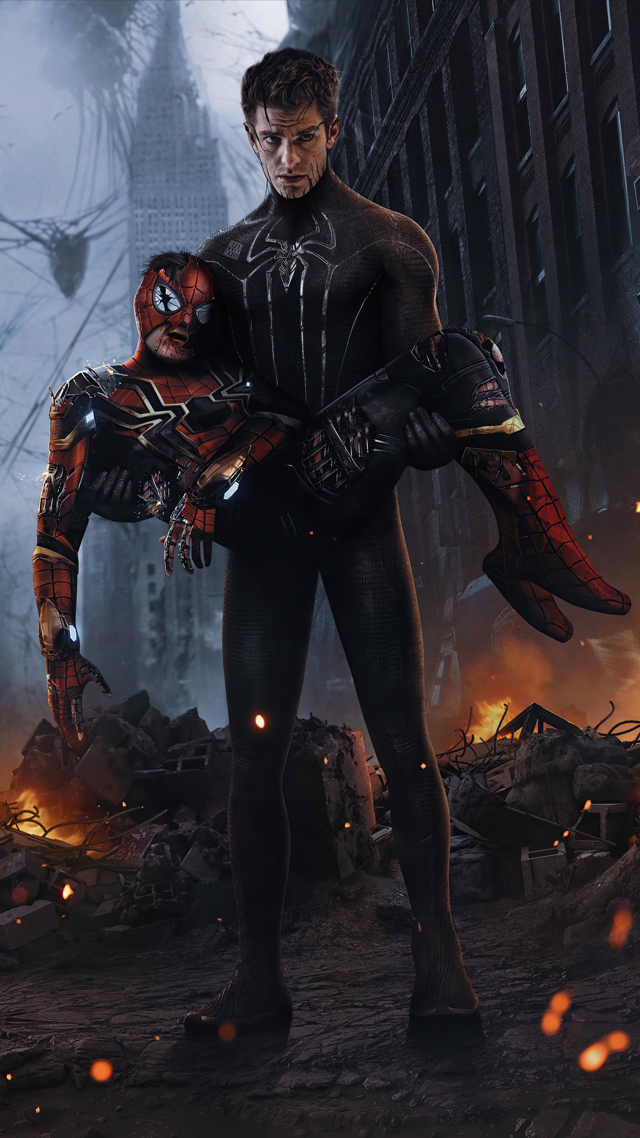 Spider-Man from Marvel carrying an injured Spider-Man HD Phone Wallpaper