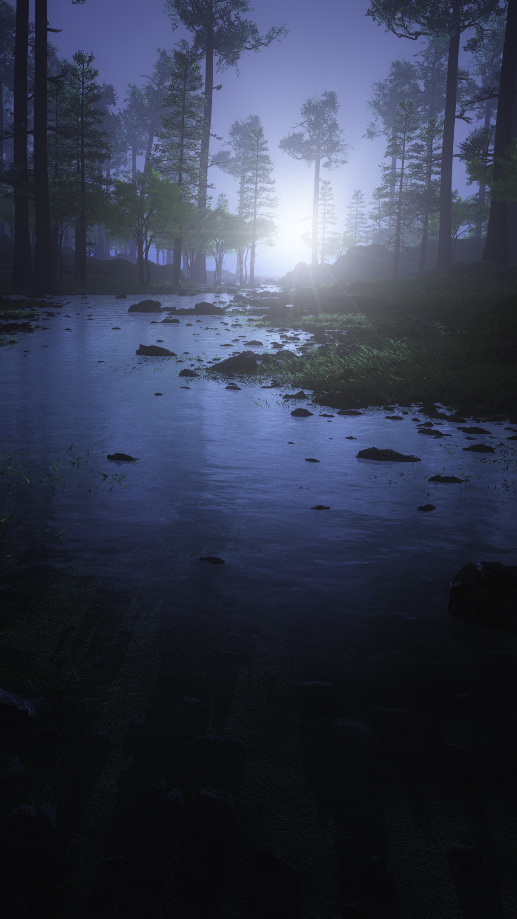Misty forest with a stream at night 4K HD Phone Wallpaper