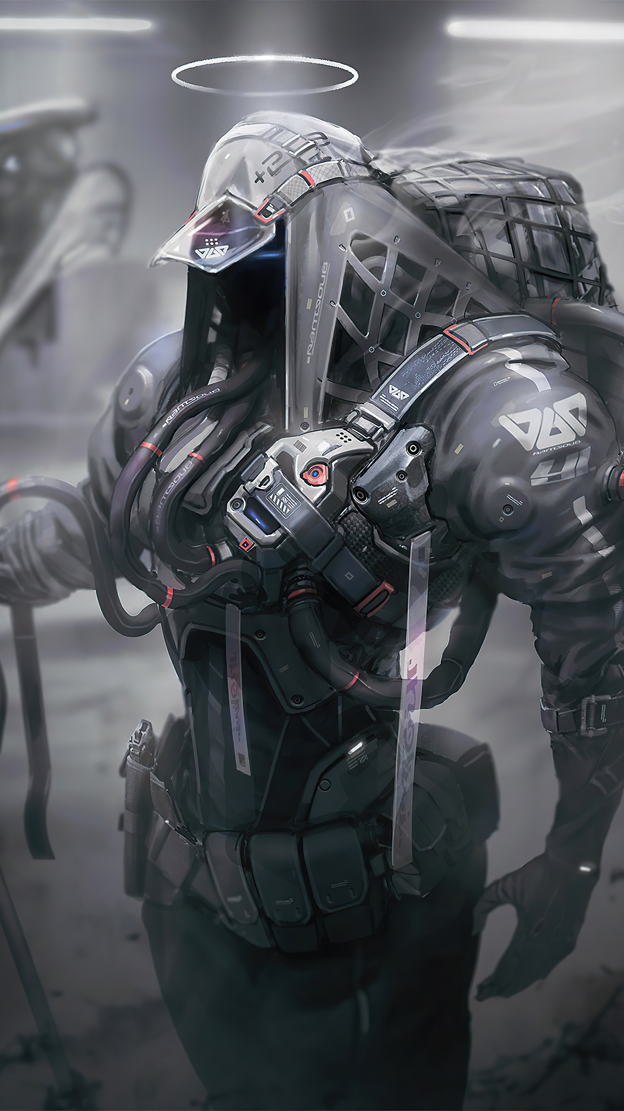 Robot with halo and backpack HD Phone Wallpaper