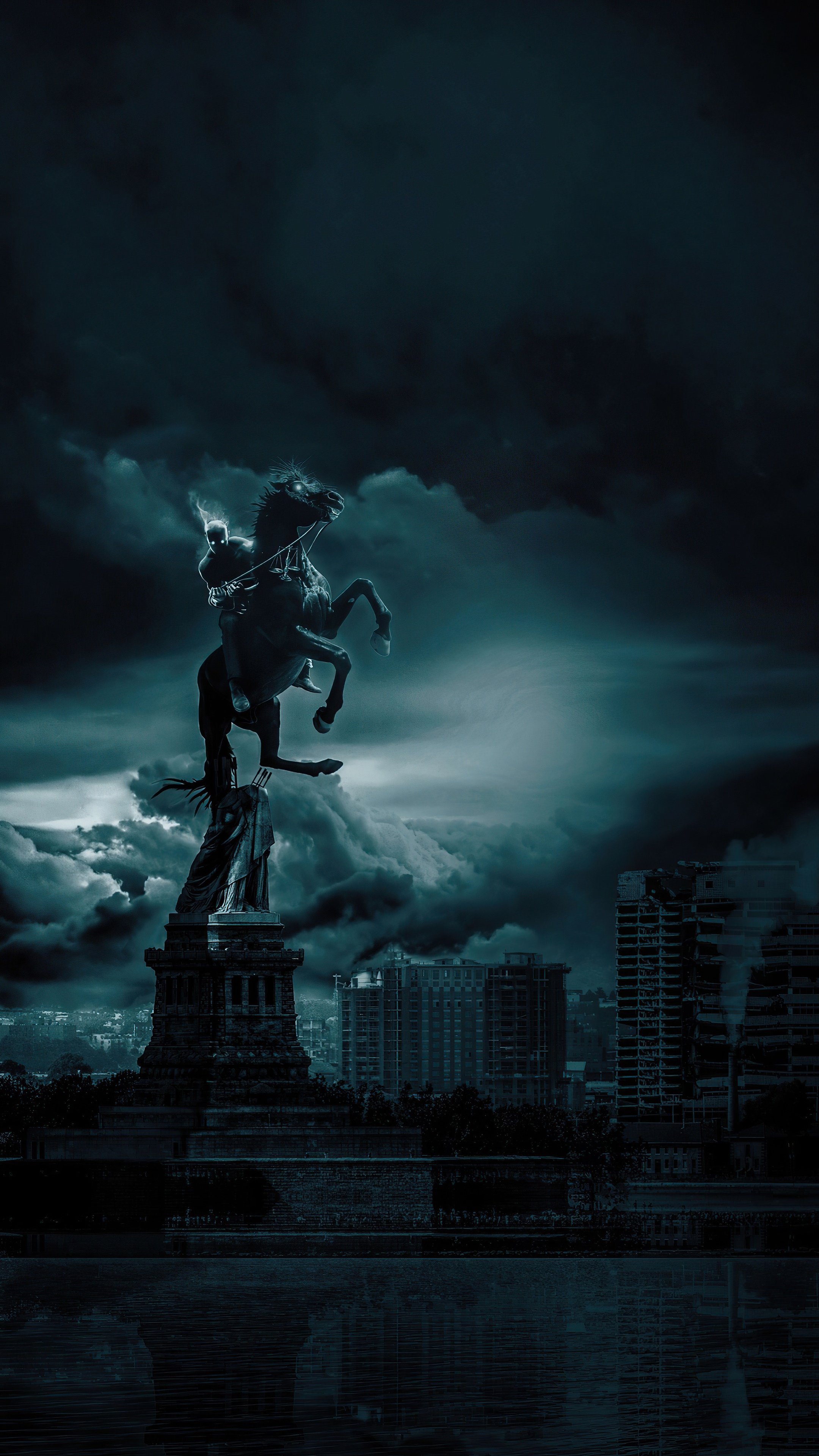 Warrior on Horse Statue with Cityscape HD Phone Wallpaper