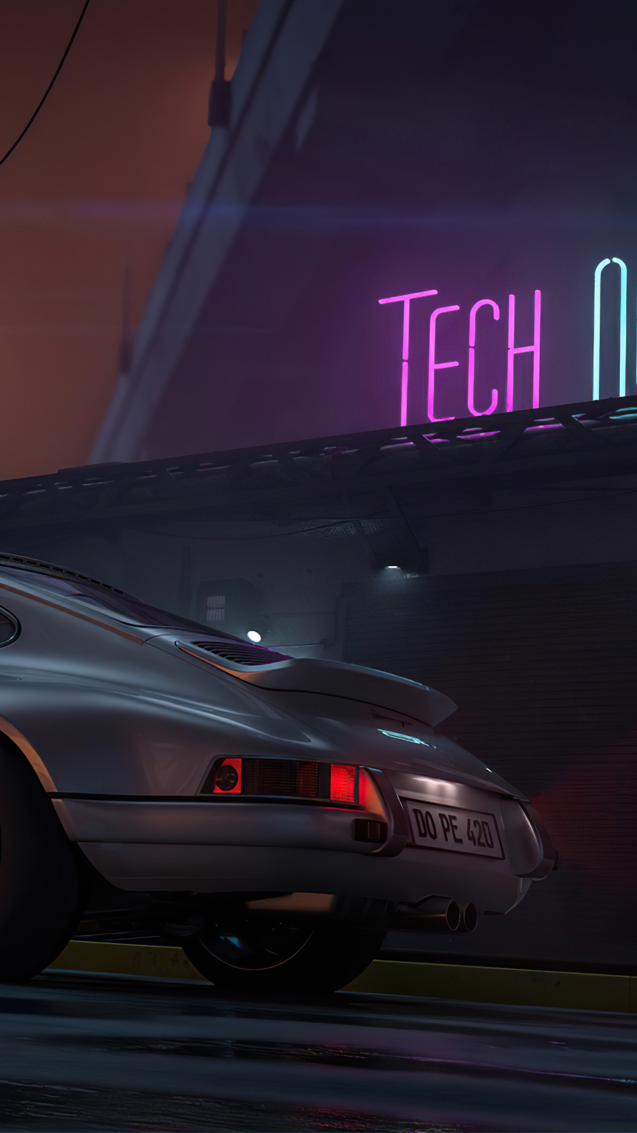 Porsche 911 artwork with neon sign HD Phone Wallpaper