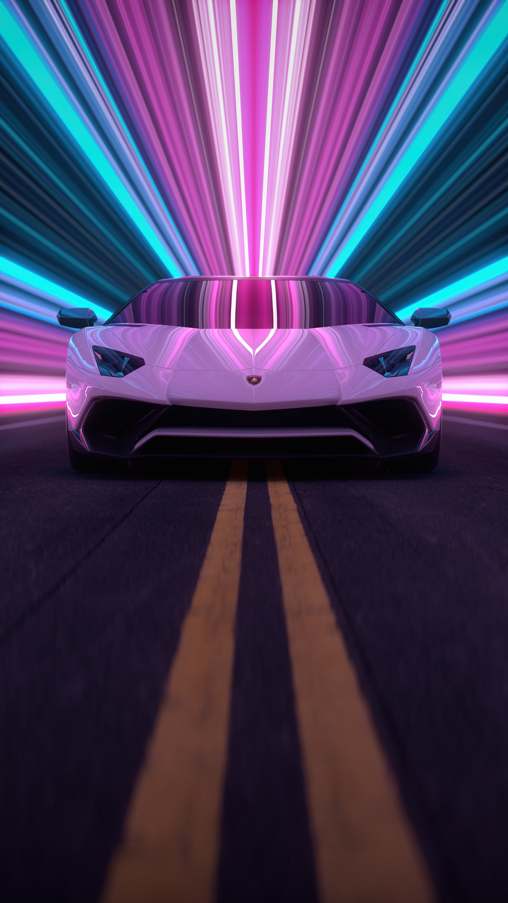 White Lamborghini Aventador on a road with light streaks HD Phone Wallpaper