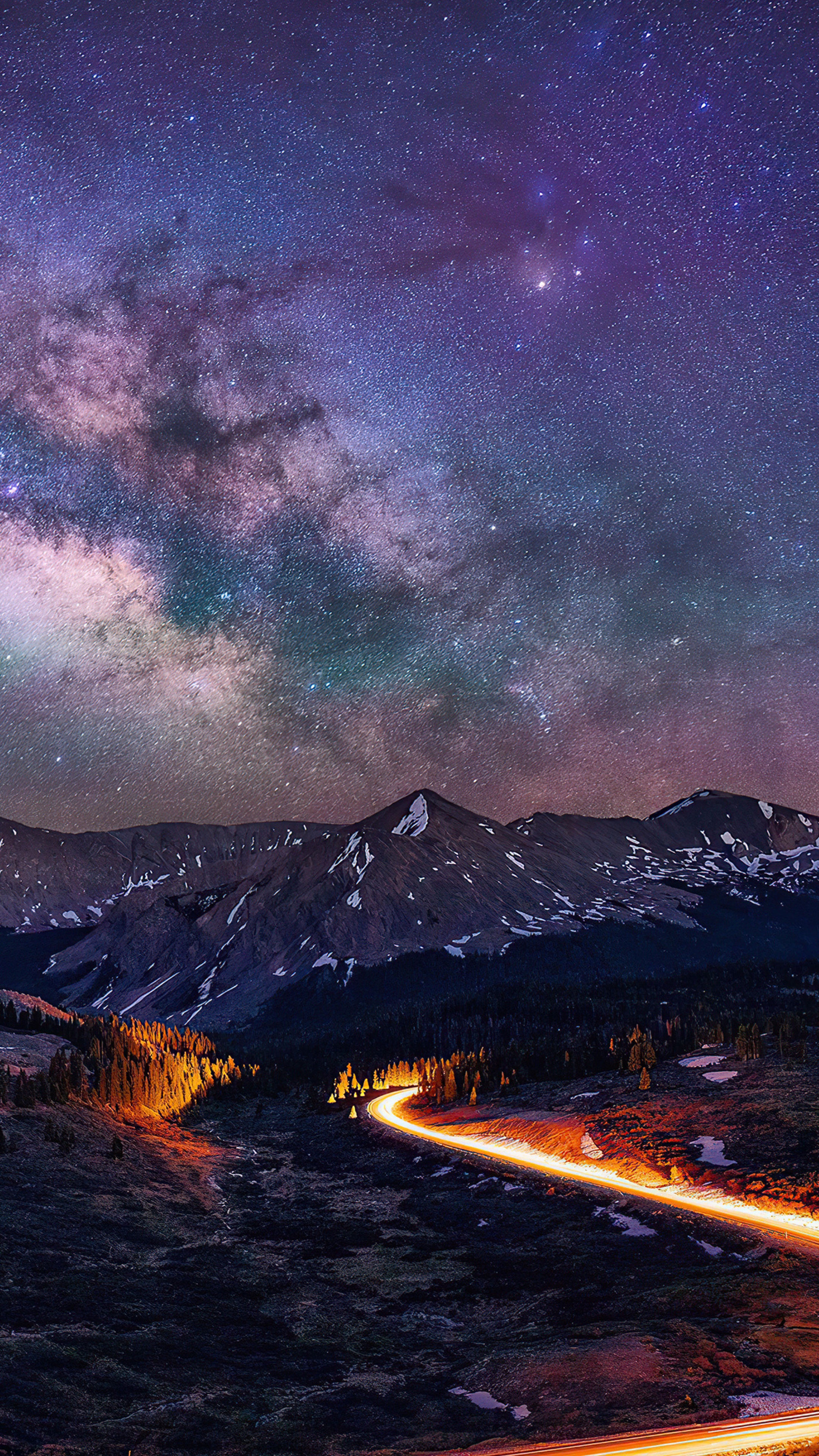 Mountain road under the Milky Way, long exposure photography 4K HD Phone Wallpaper