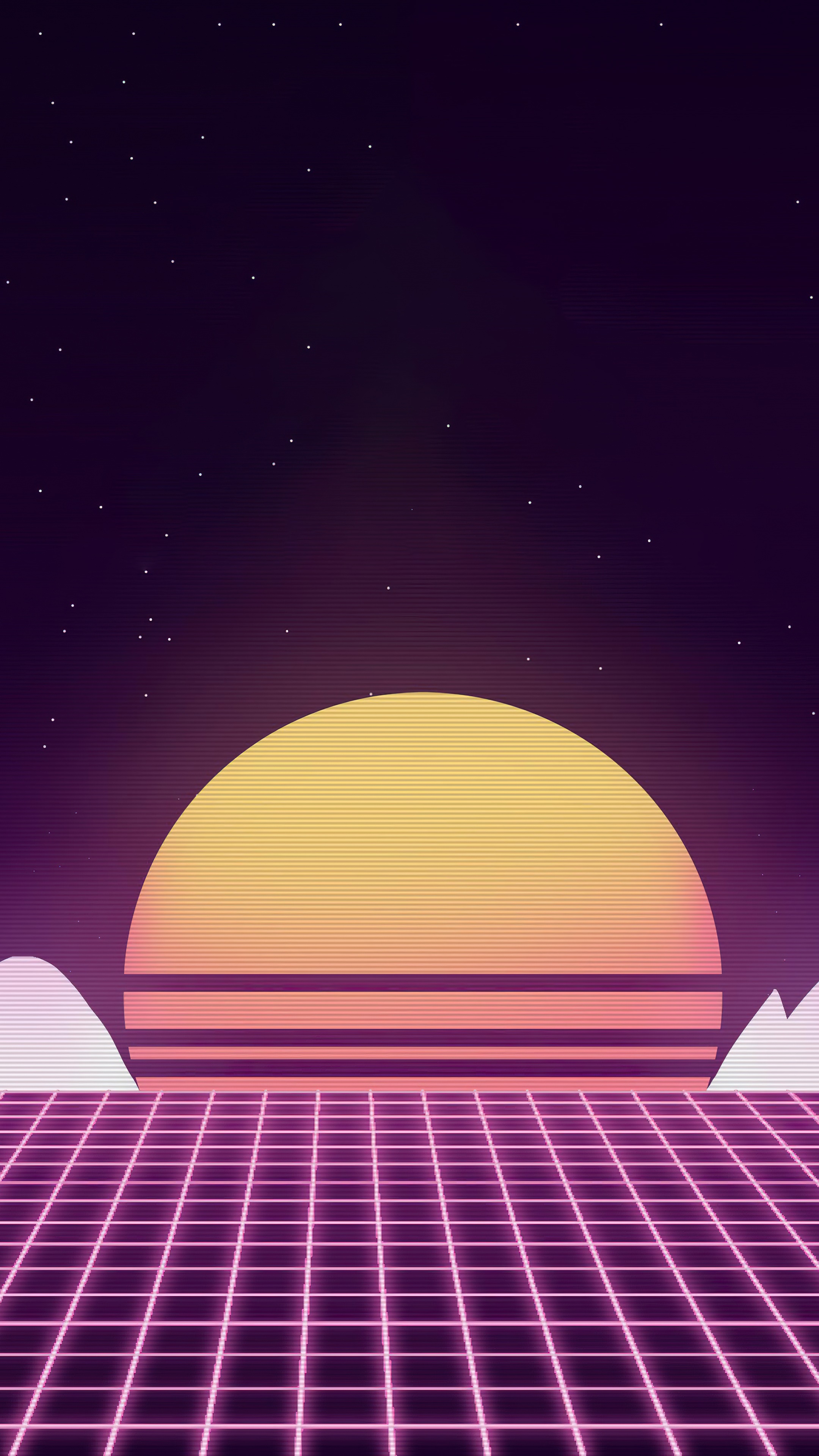 Retrowave digital art with sun and grid HD Phone Wallpaper