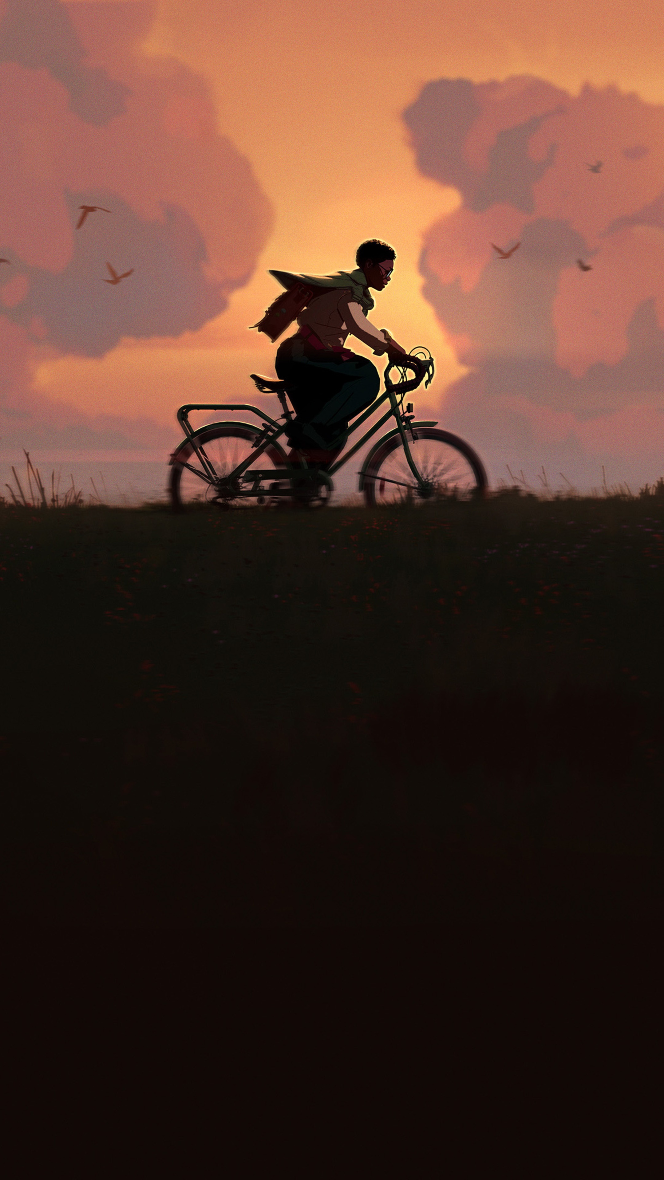 Person riding a bicycle at sunset HD Phone Wallpaper