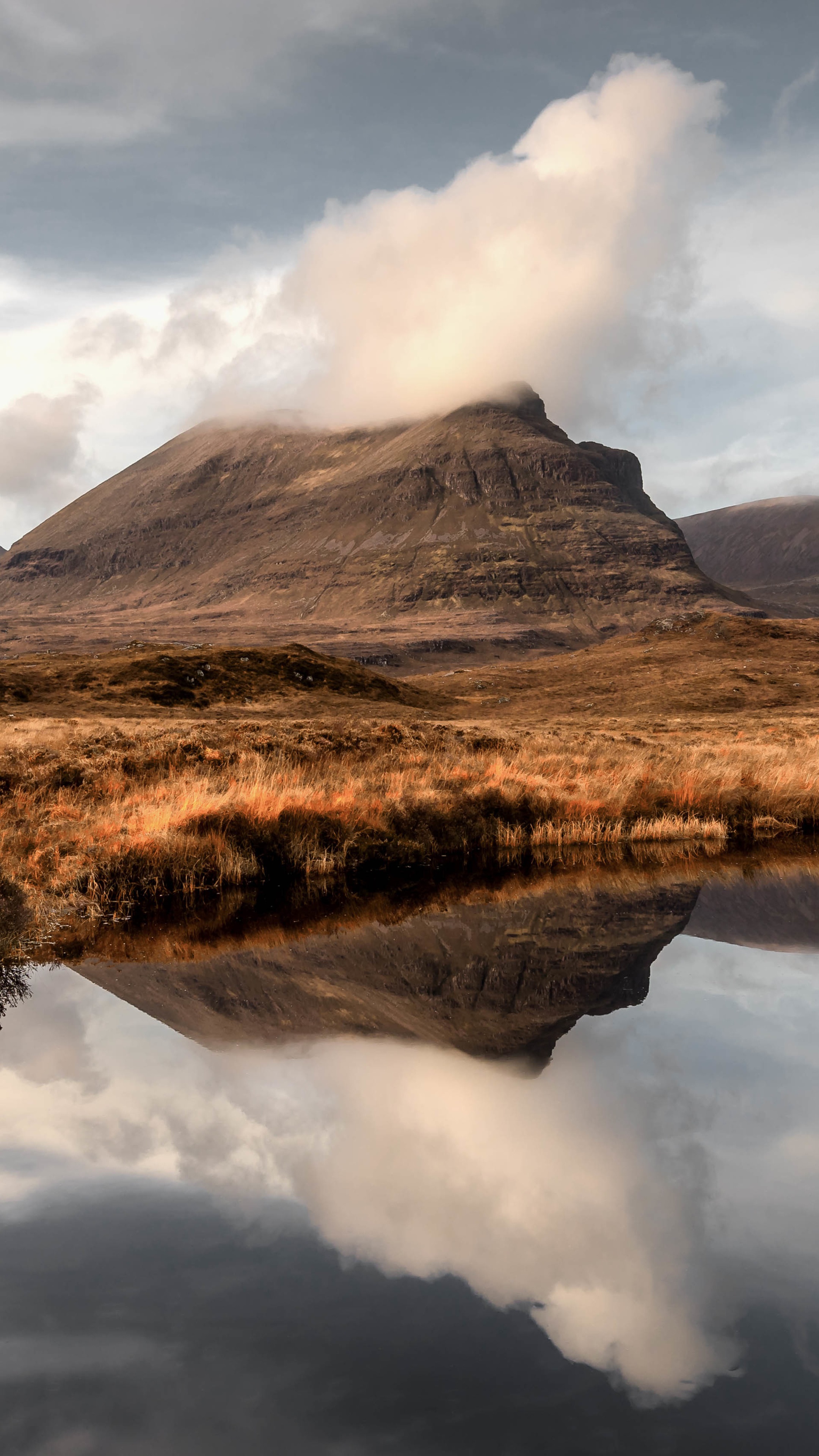 Mountain reflection in water with clouds HD Phone Wallpaper