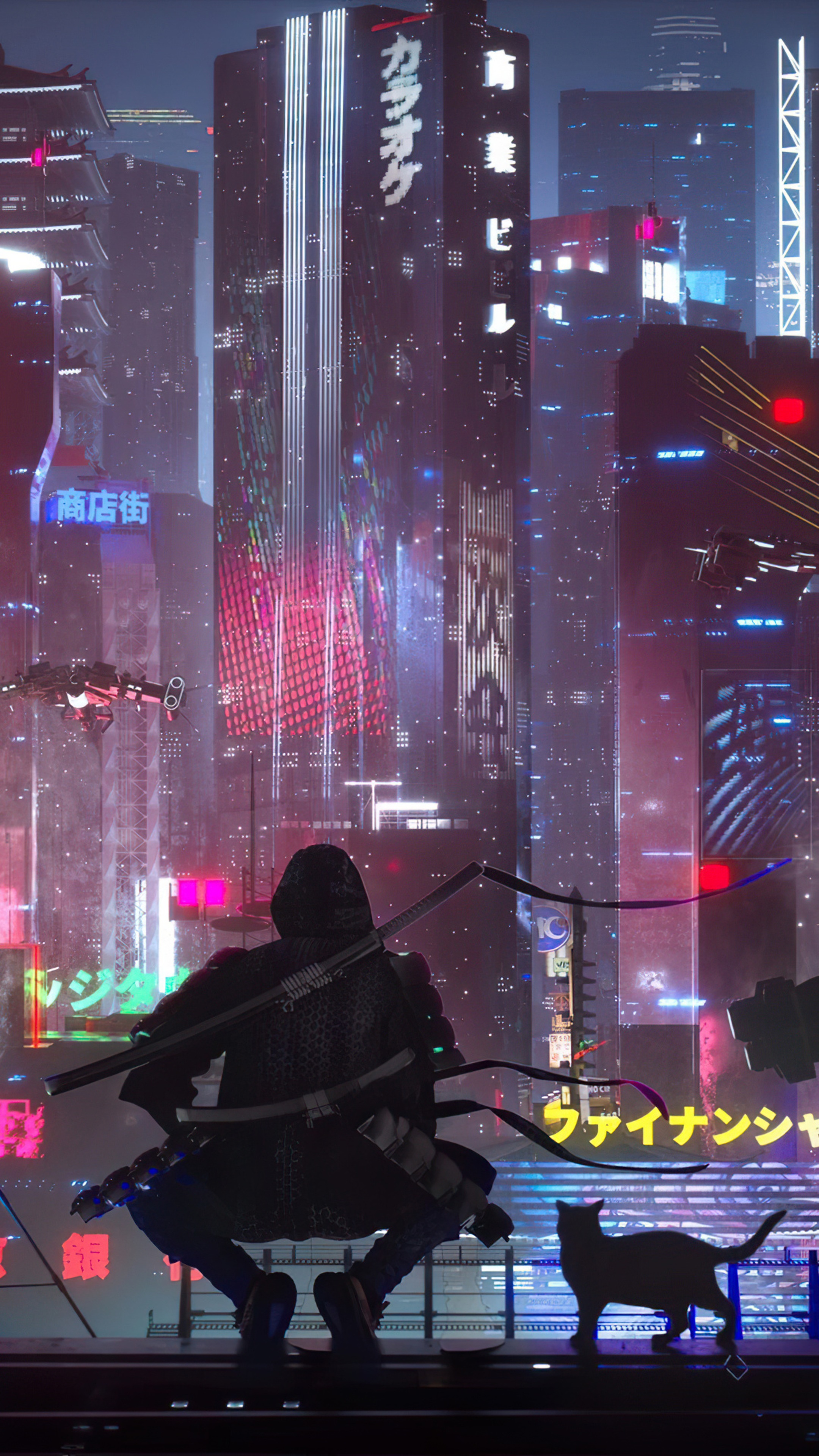 Cyberpunk city with a hooded figure and a cat HD Phone Wallpaper