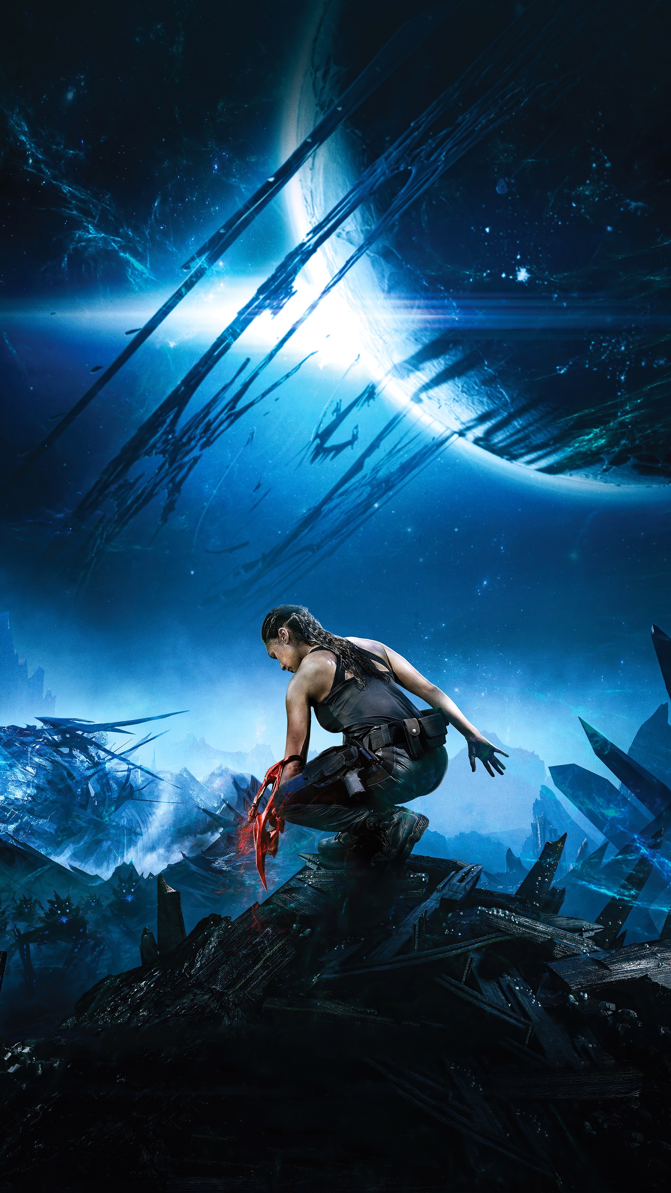 Woman with red weapon in futuristic landscape HD Phone Wallpaper