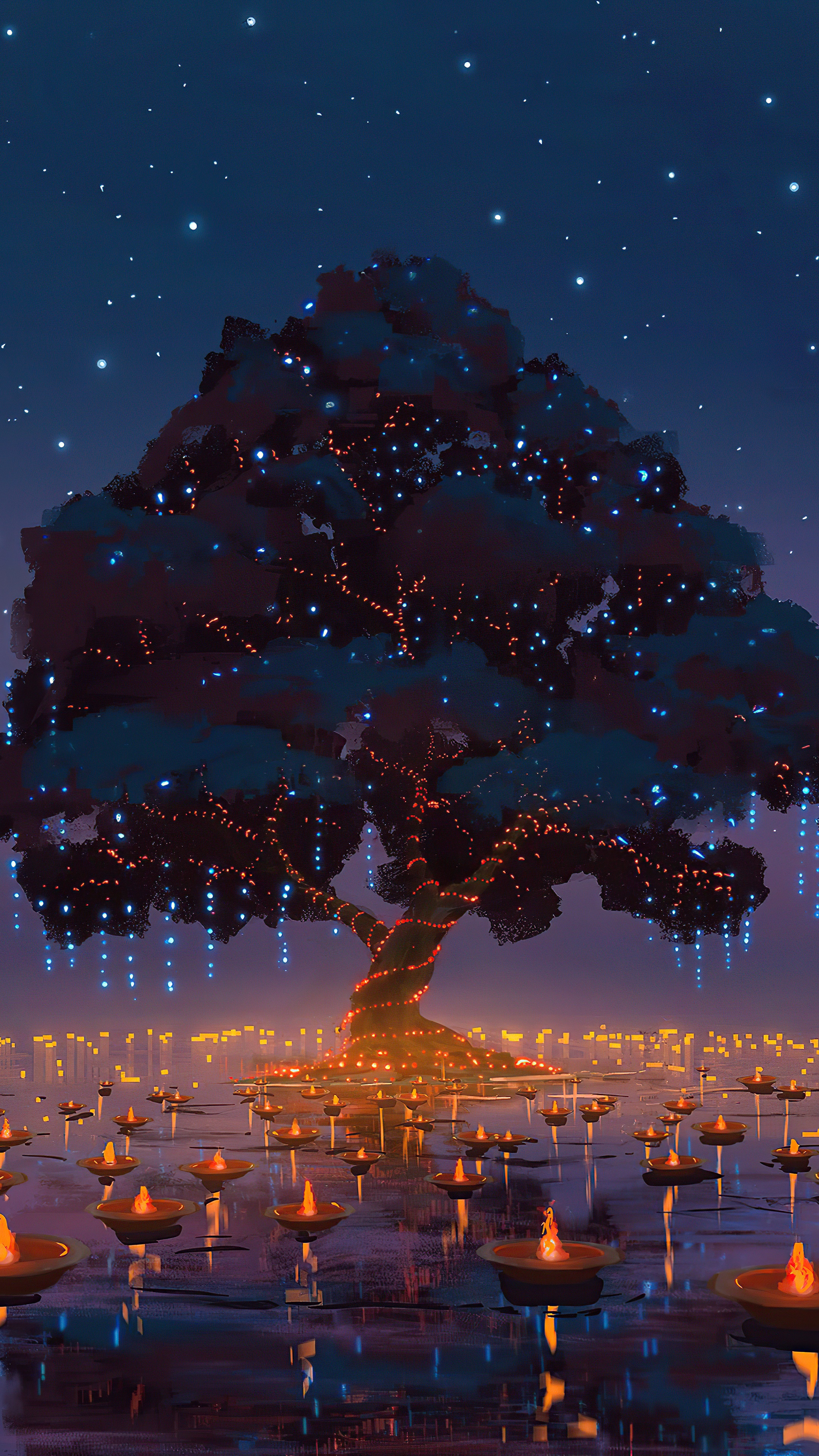 Tree decorated with lights over water with lanterns HD Phone Wallpaper