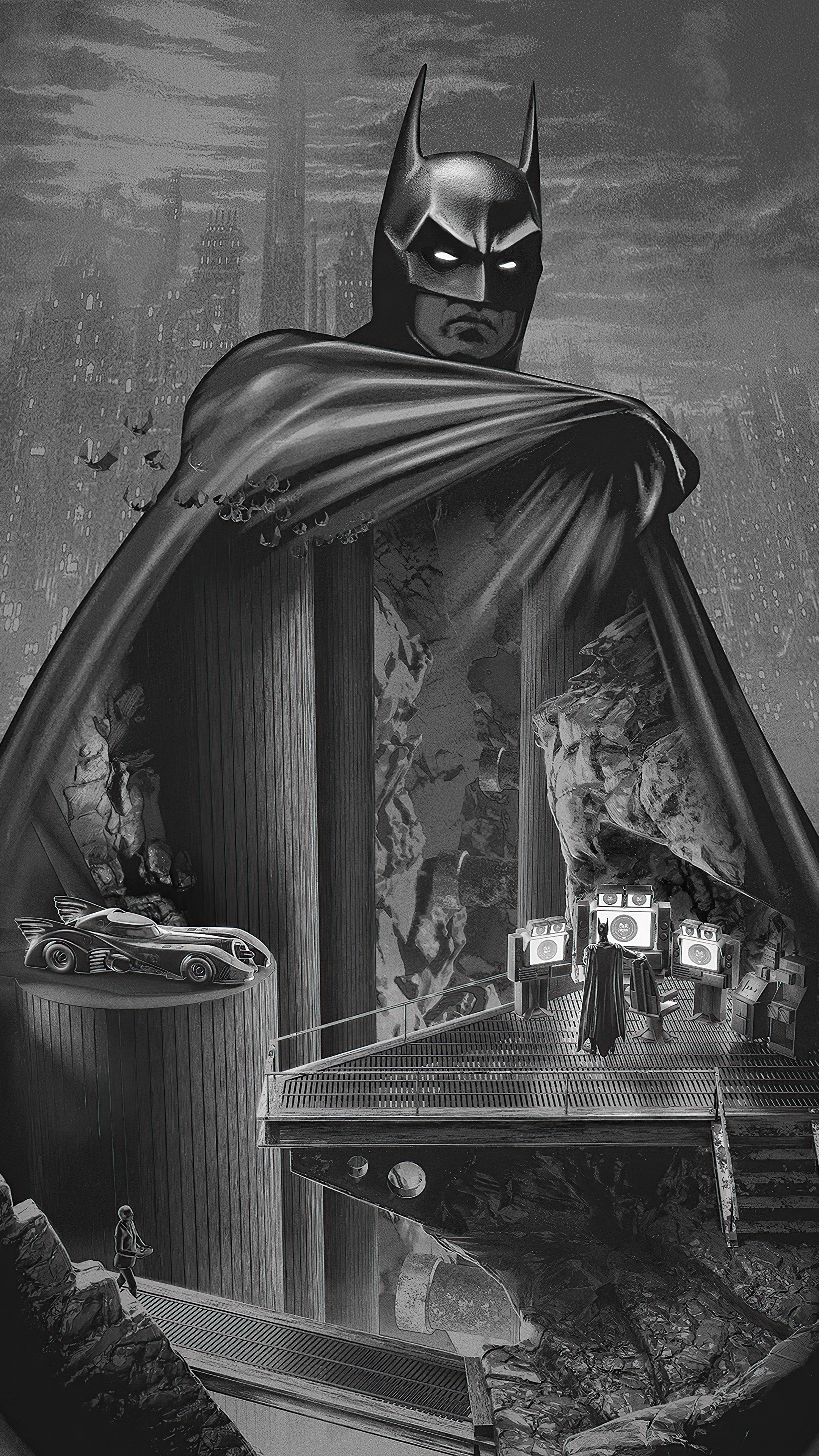 Batman in his Batcave with Batmobile HD Phone Wallpaper