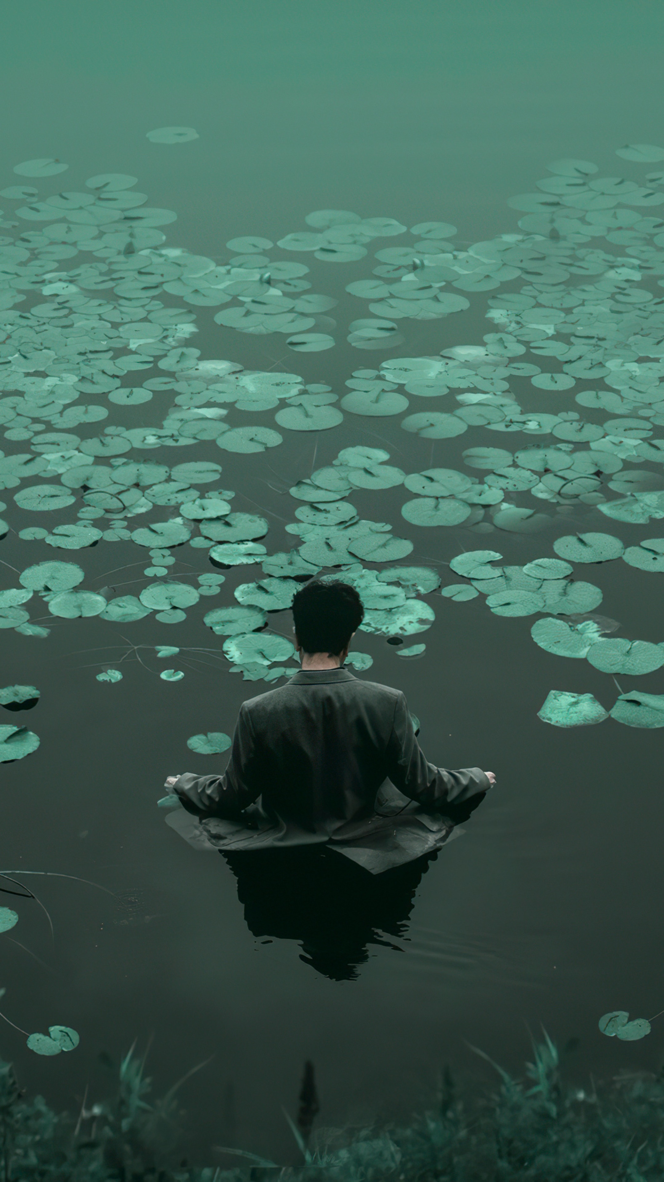 Man meditating in a lake with lily pads HD Phone Wallpaper