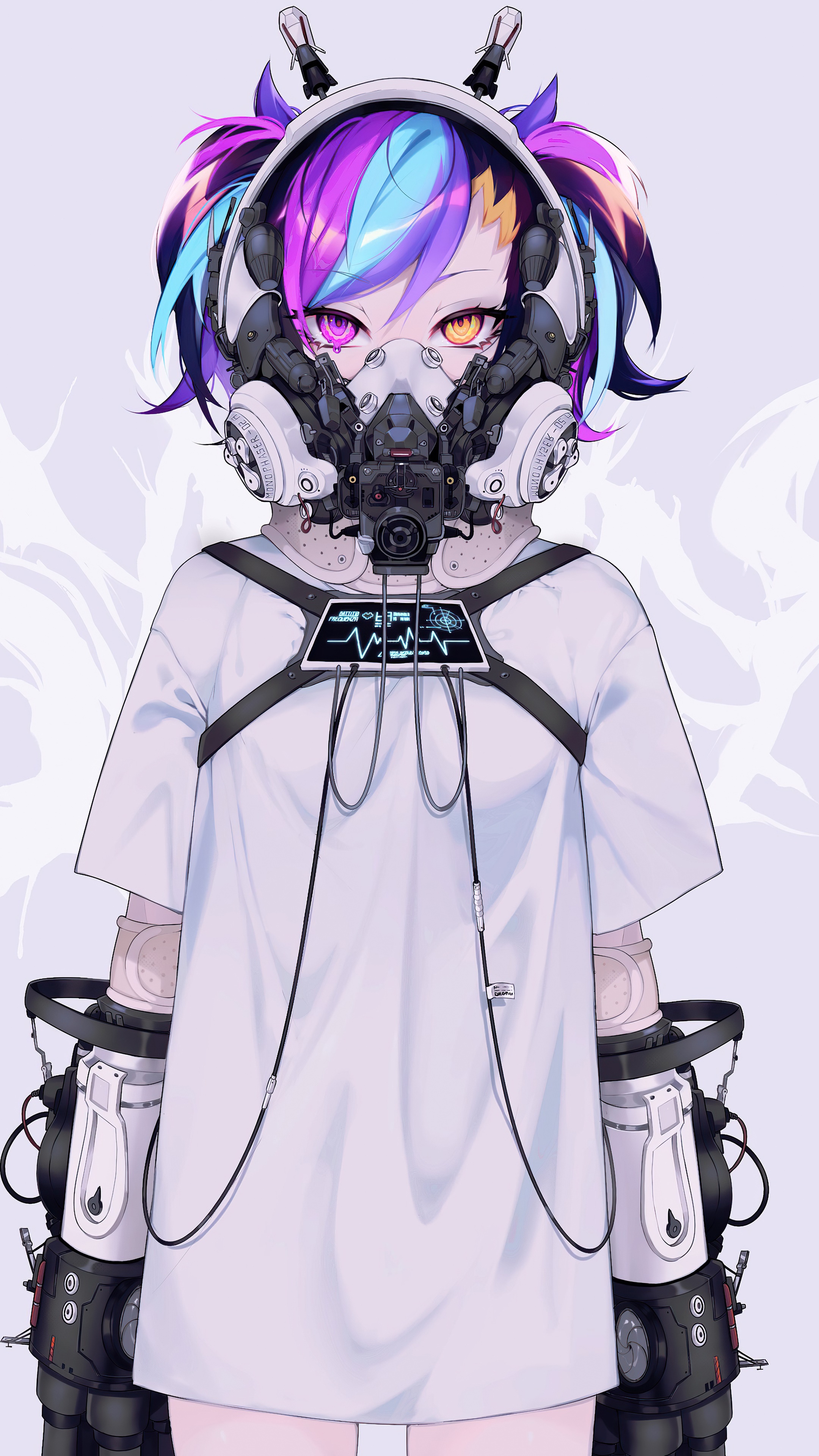 Sci-fi artwork of a girl with a gas mask and cybernetic arms HD Phone Wallpaper