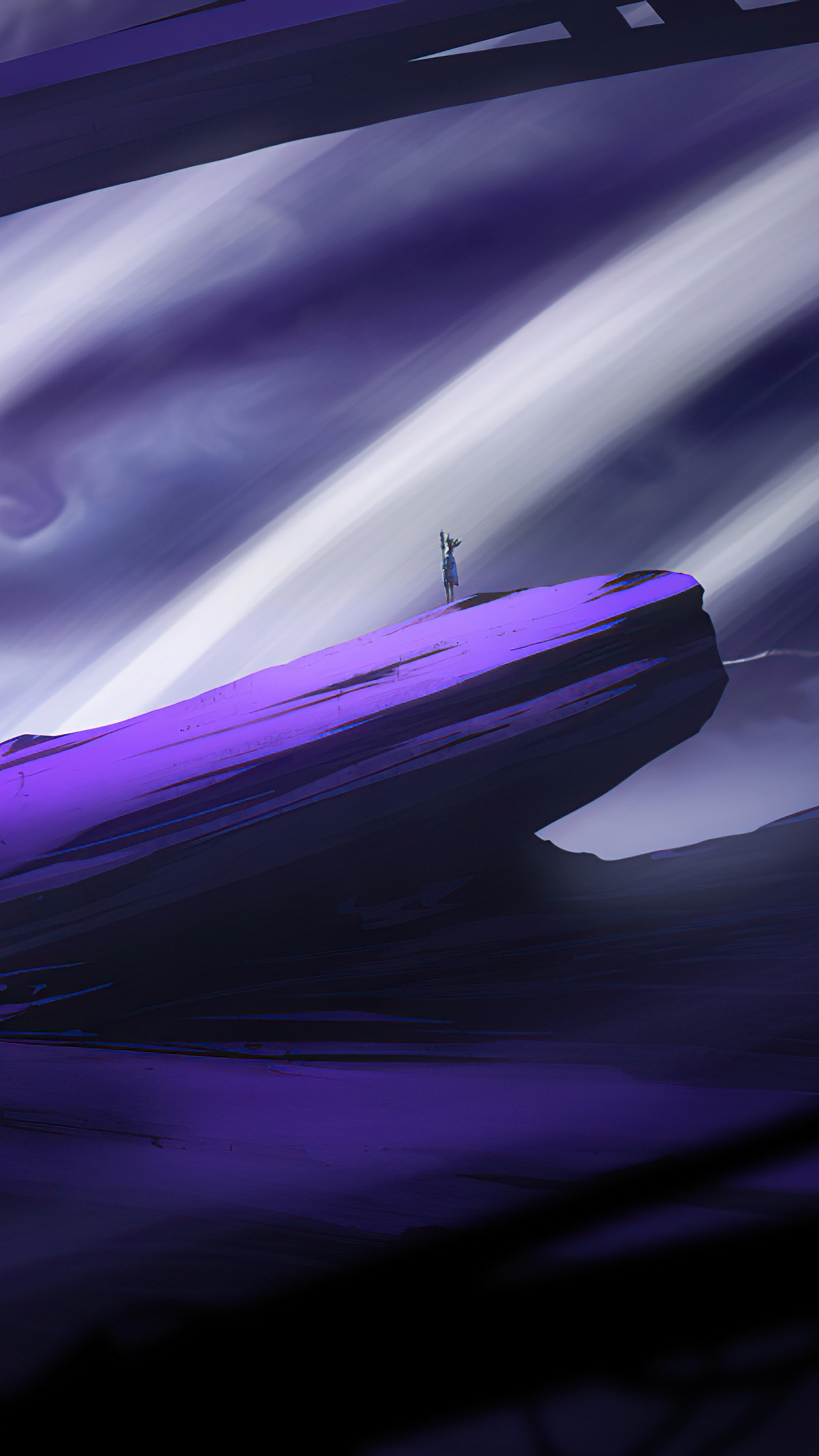 Figure on a purple rock under a cloudy sky HD Phone Wallpaper