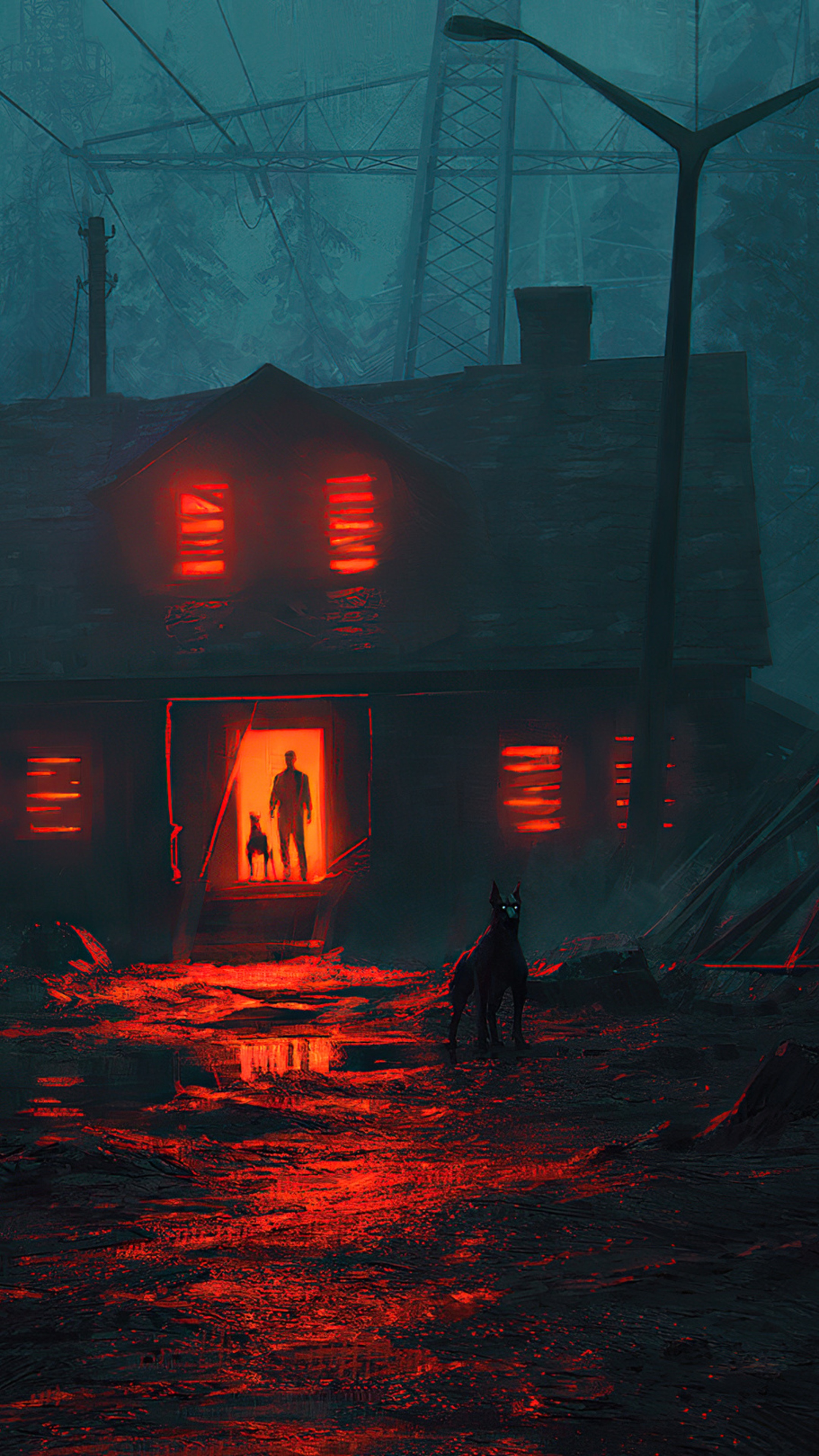 Man and dog in a house with red light HD Phone Wallpaper
