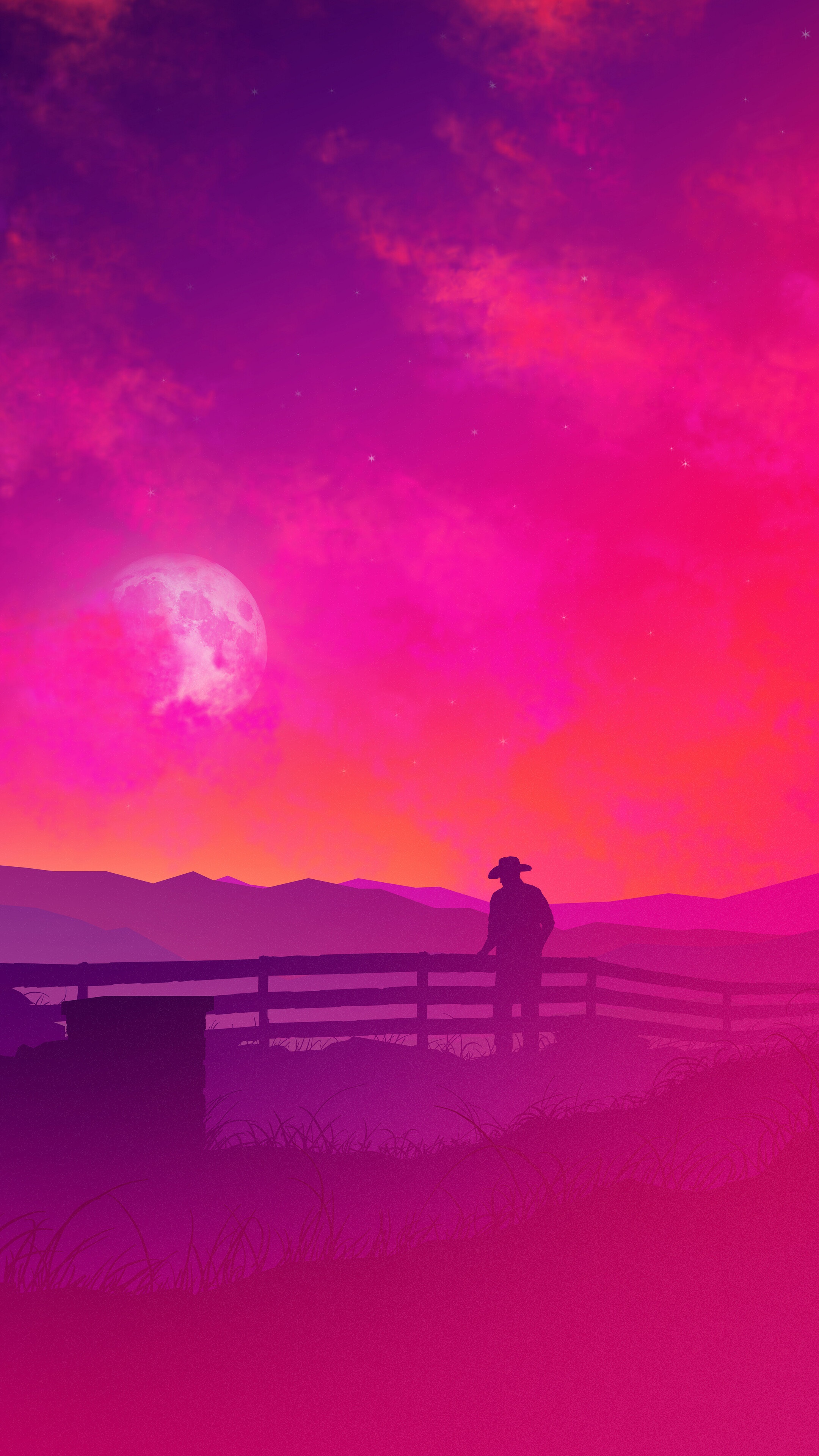Cowboy looking at the moonlit sky HD Phone Wallpaper