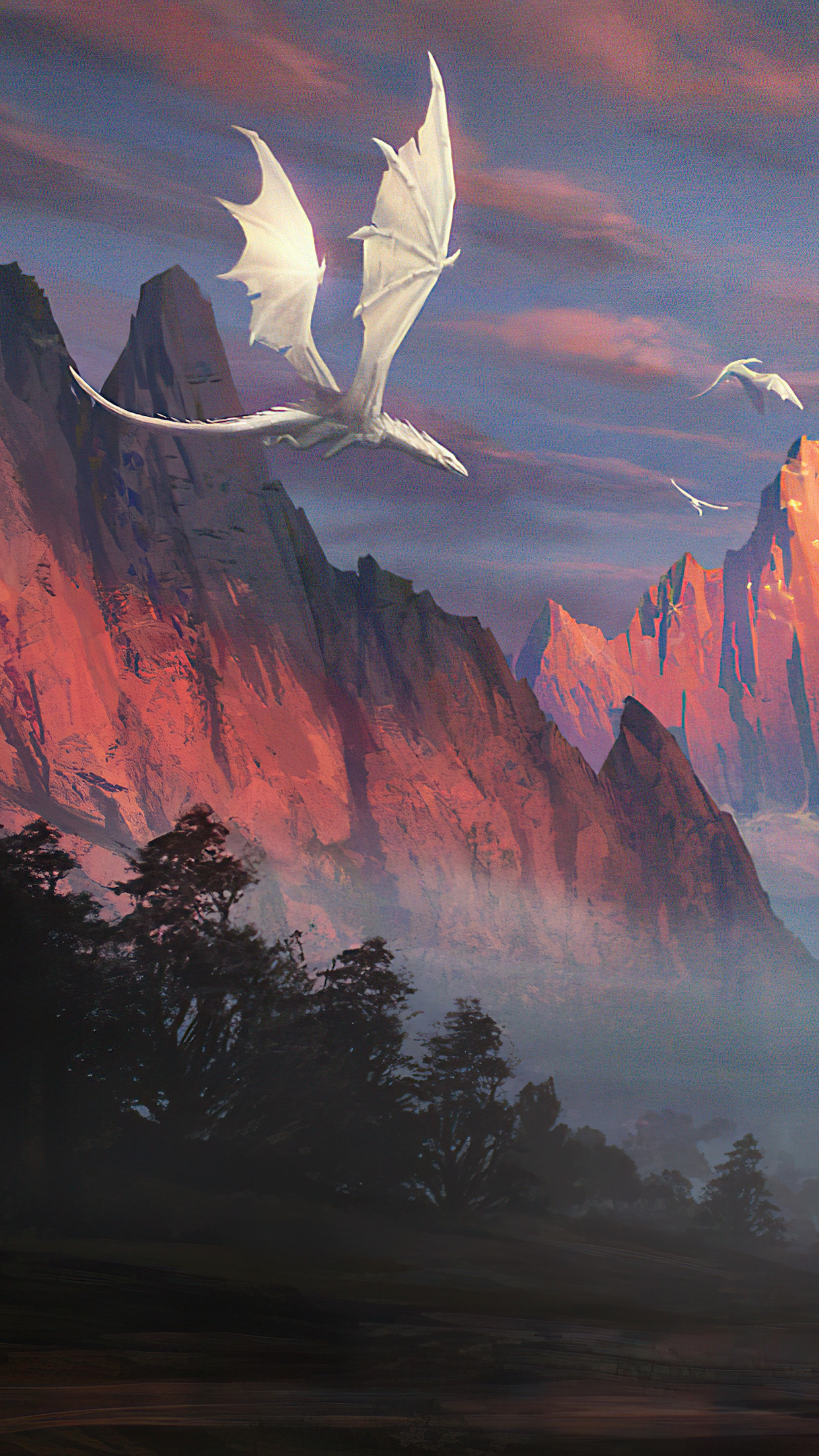 White dragons flying over mountains at sunset HD Phone Wallpaper