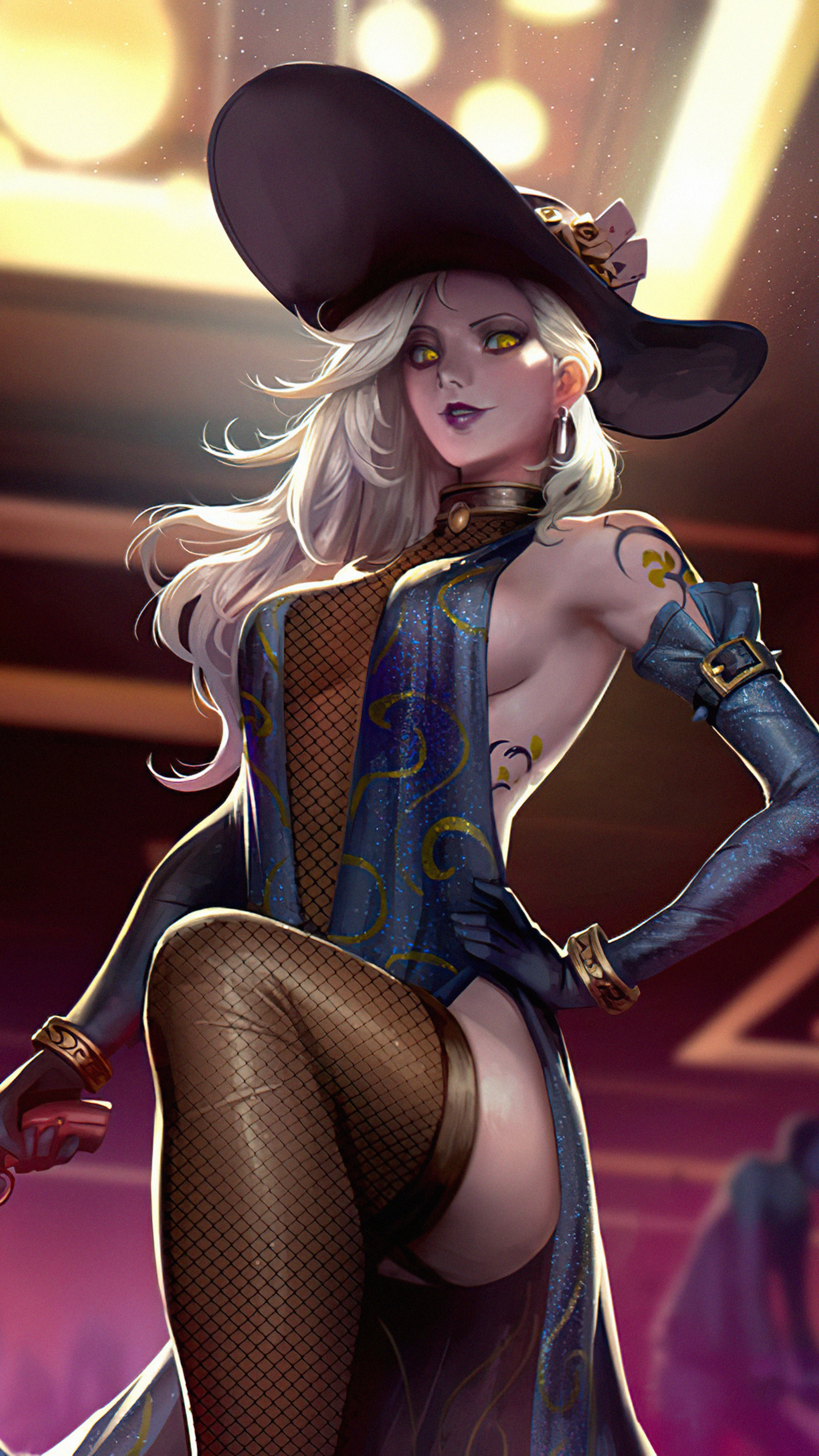 Woman in witch hat and fishnet stockings HD Phone Wallpaper