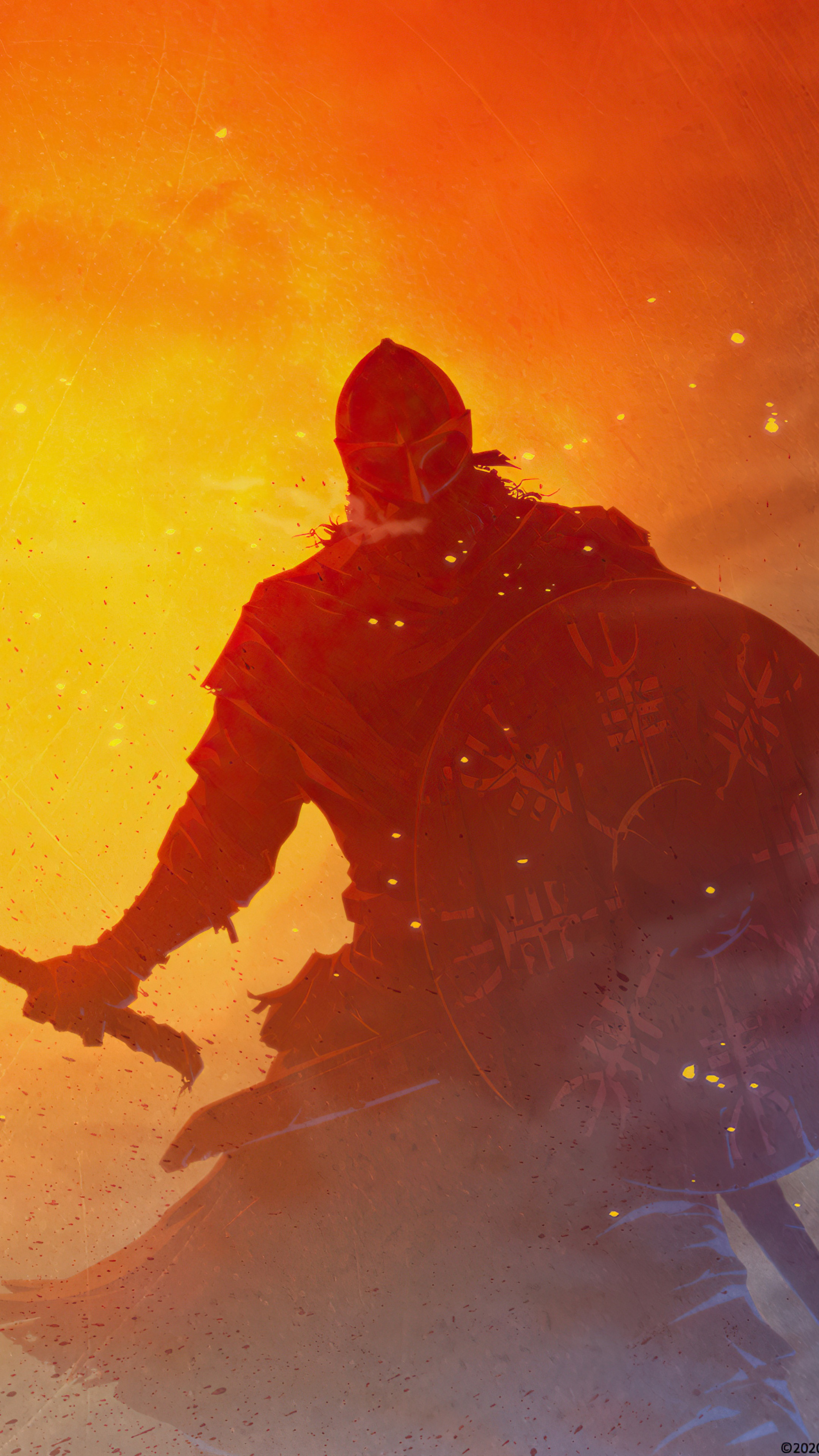 Viking warrior with shield and sword in fiery background HD Phone Wallpaper