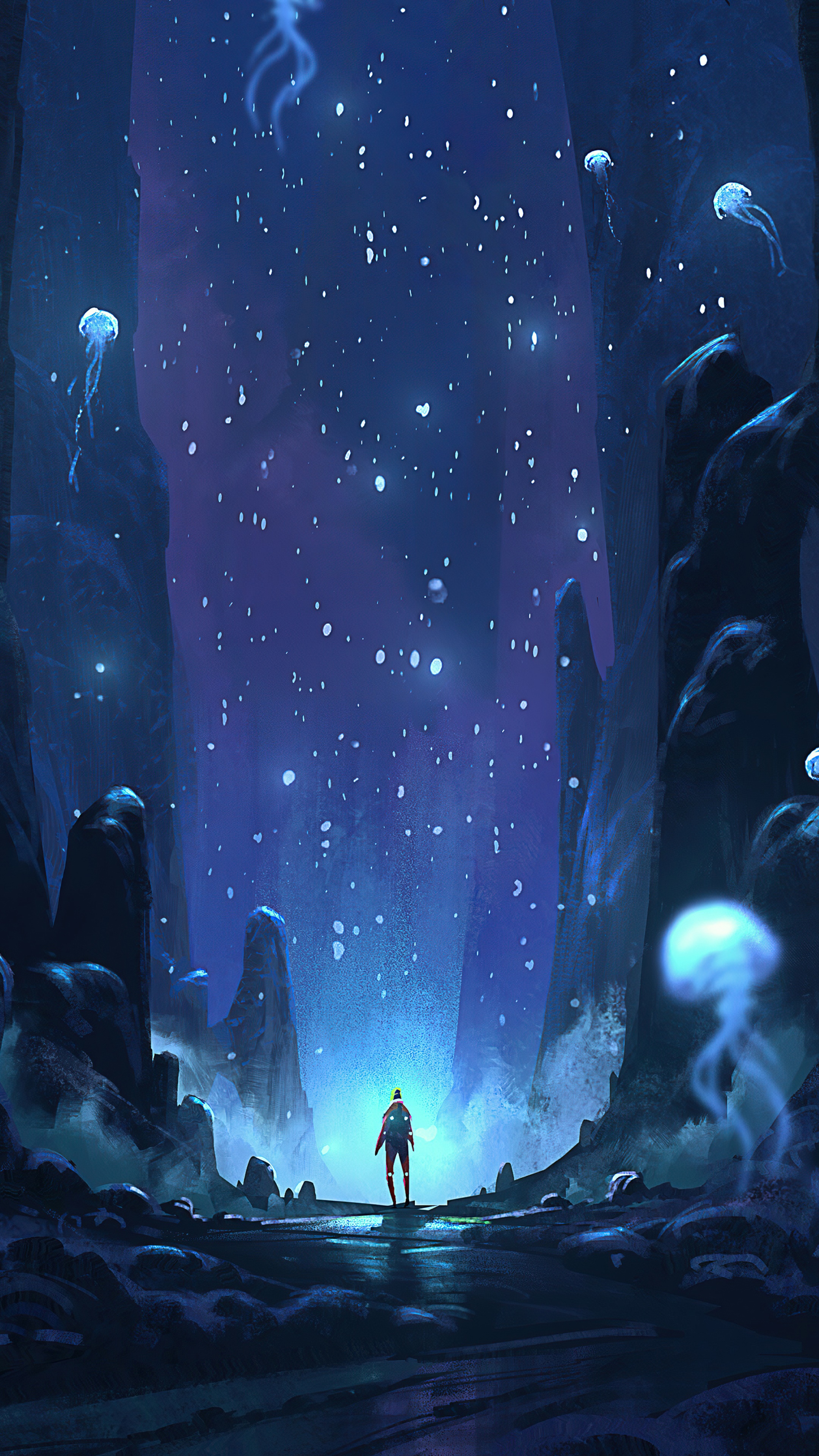 Man in glowing canyon with jellyfish HD Phone Wallpaper