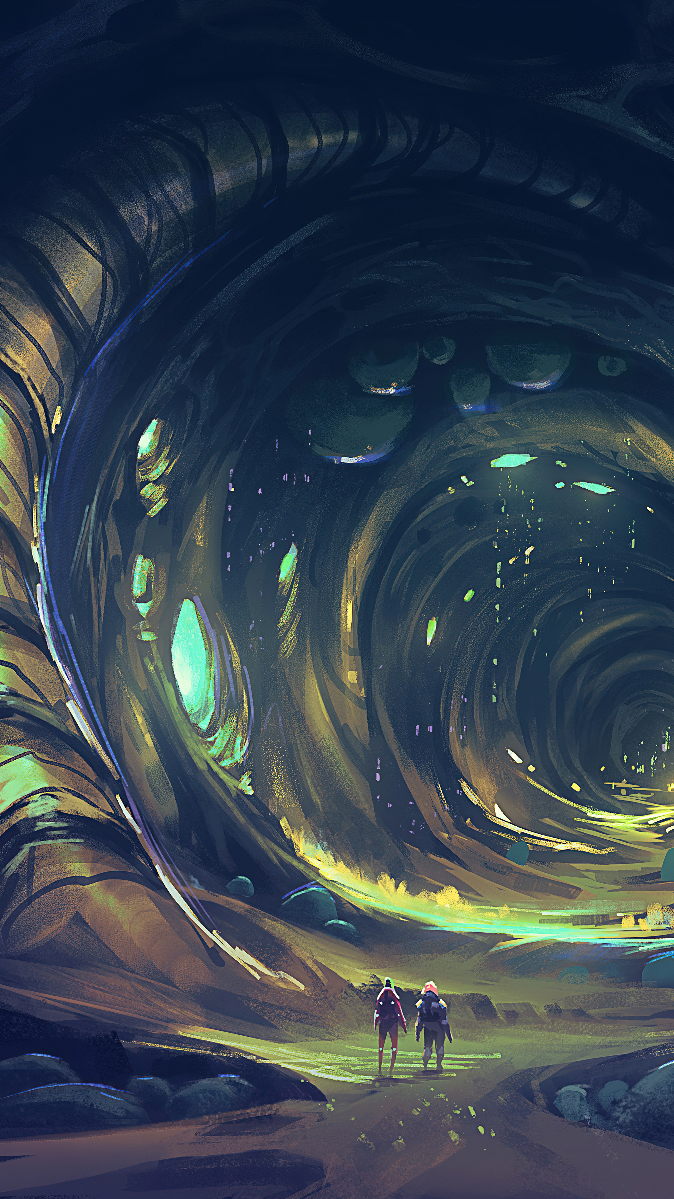 Digital art of two figures in a cave HD Phone Wallpaper